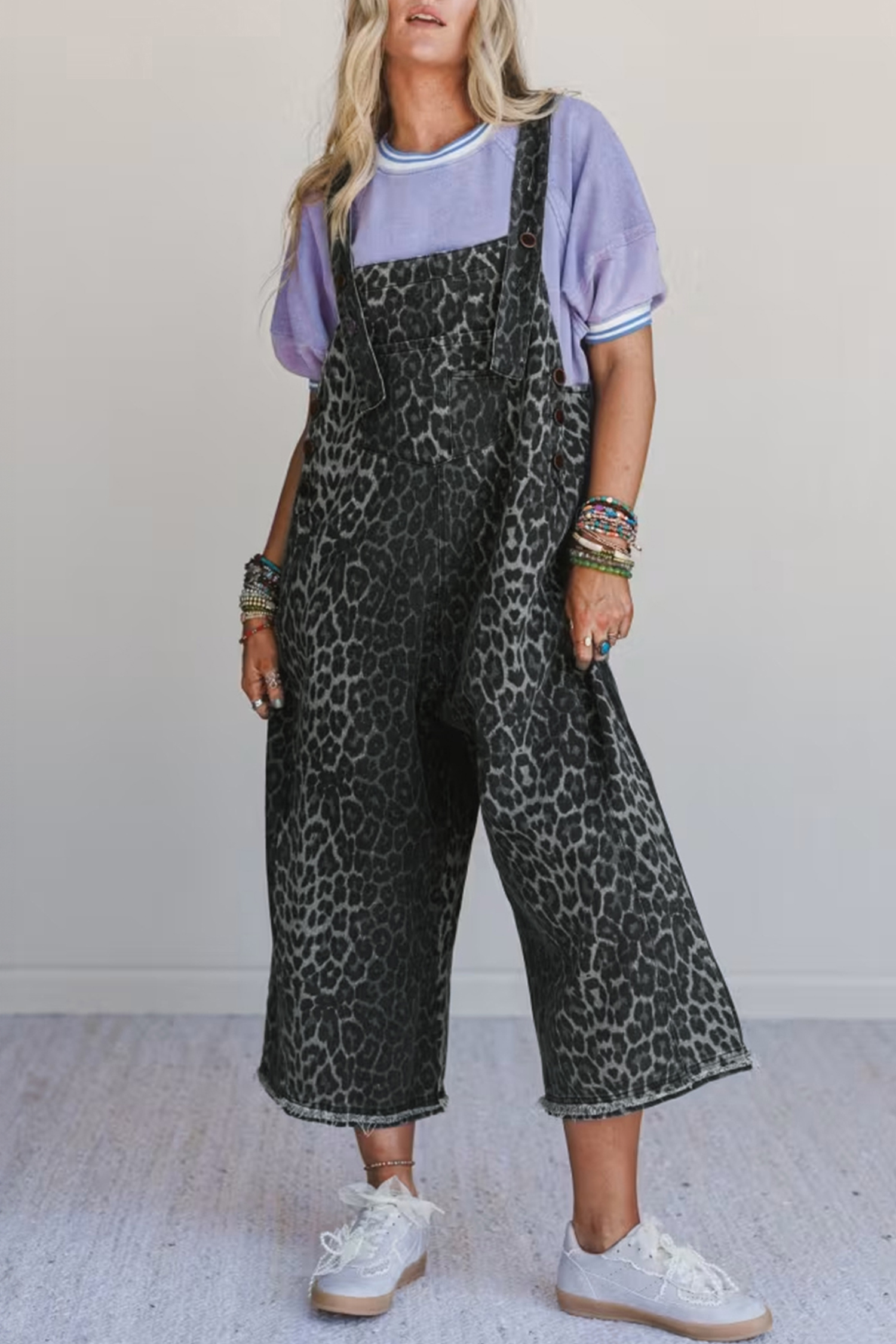 Gray Leopard Print Button Adjustable Straps Cropped Loose Denim Overalls - loveforevers