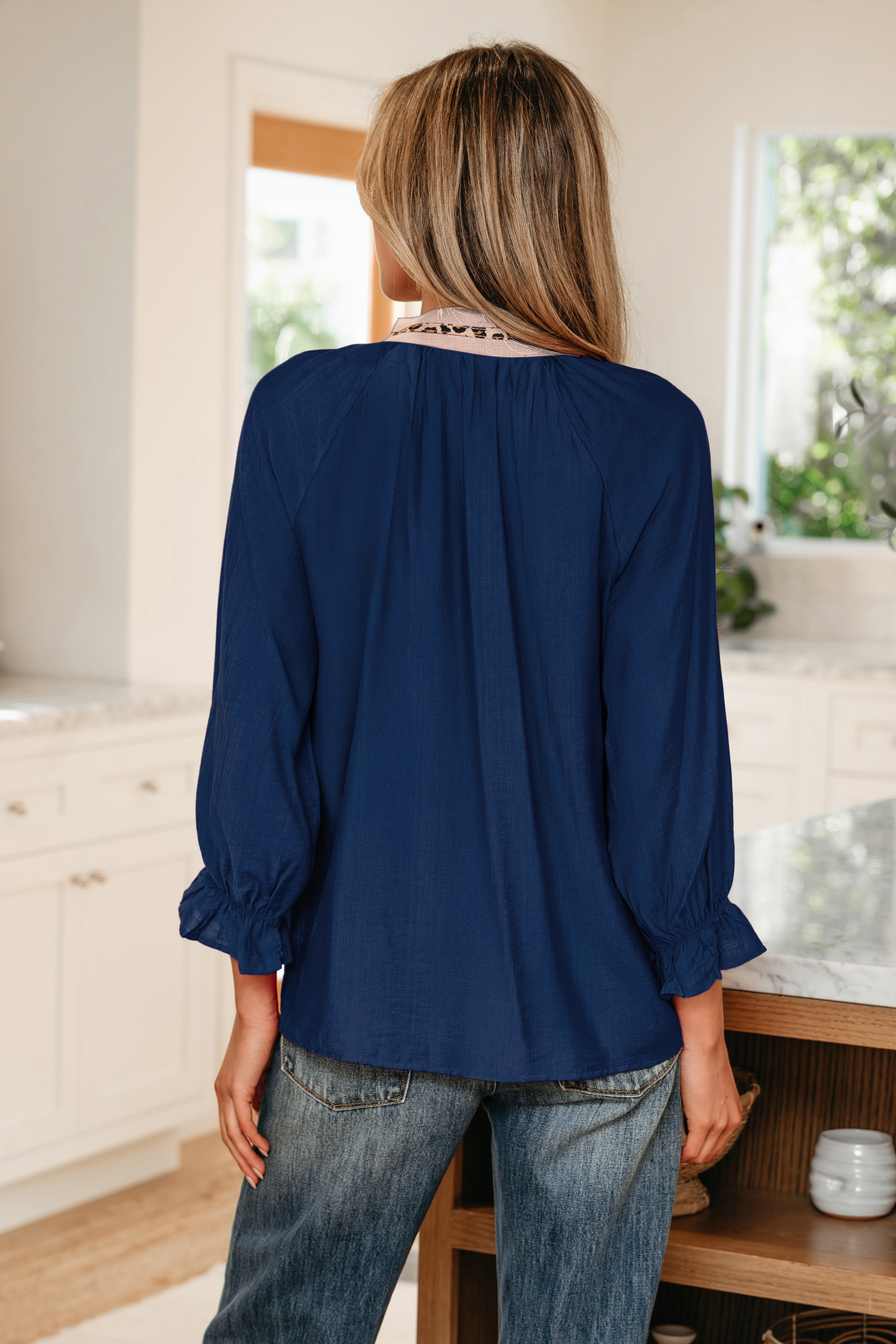 Dirty blue Leopard Trim V Neck Flounced Bracelet Sleeve Blouse - loveforevers