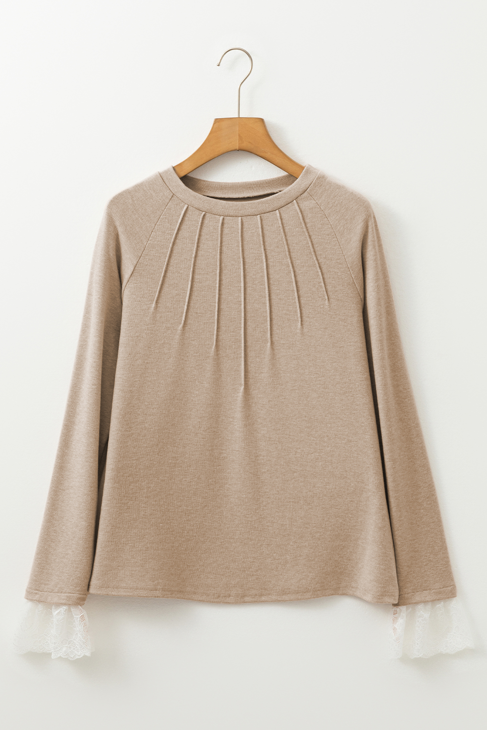 Parchment Seam Detail Lace Contrast Cuffs Raglan Sleeve Top - loveforevers