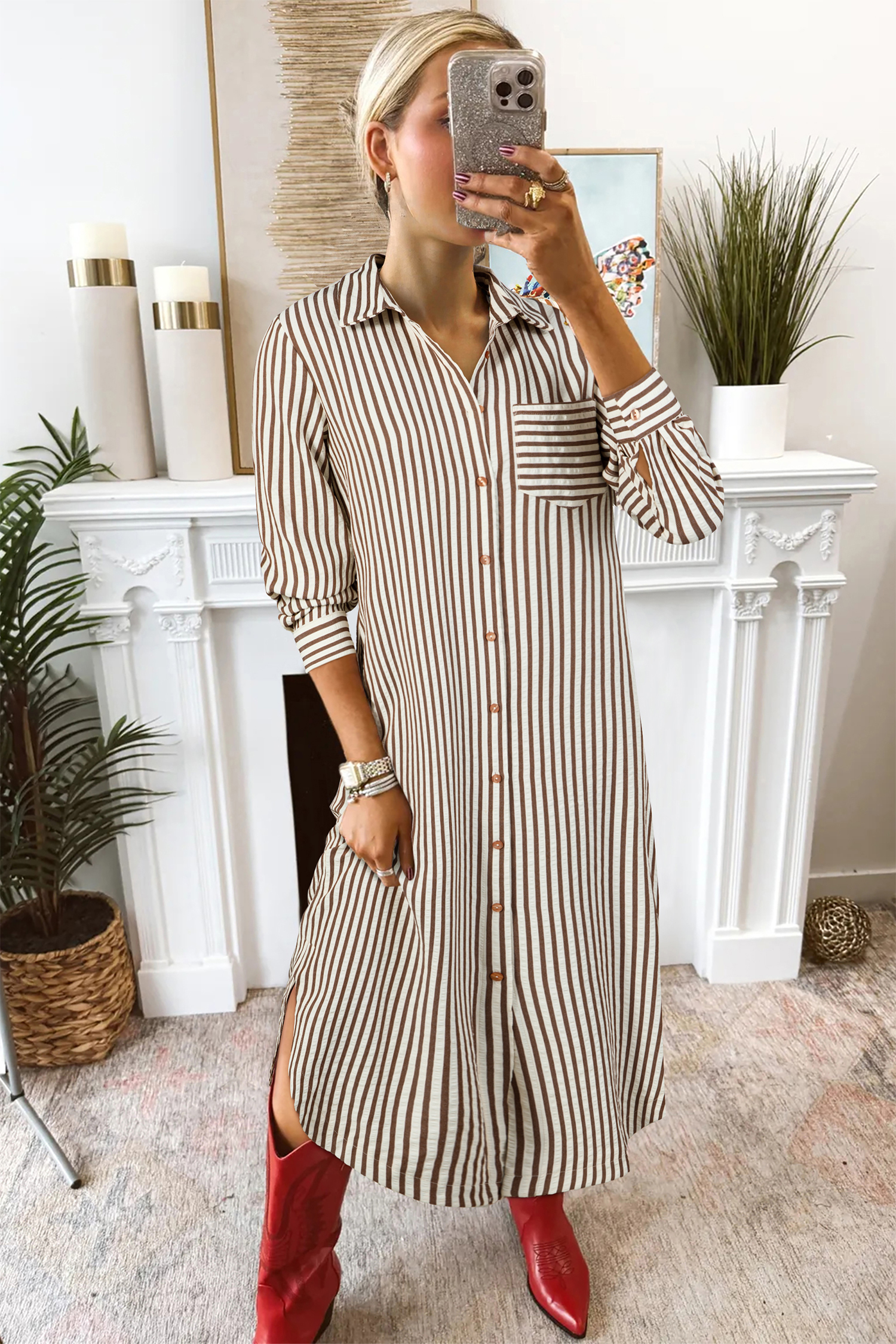 Brown Stripe Textured 3/4 Sleeve Round Hem Split Midi Shirt Dress - loveforevers