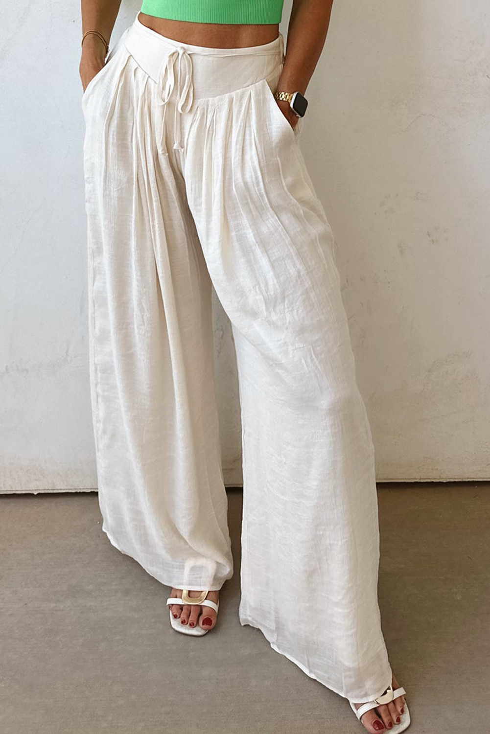 White Solid Drop Waist Pleated Wide Leg Casual Pants - loveforevers
