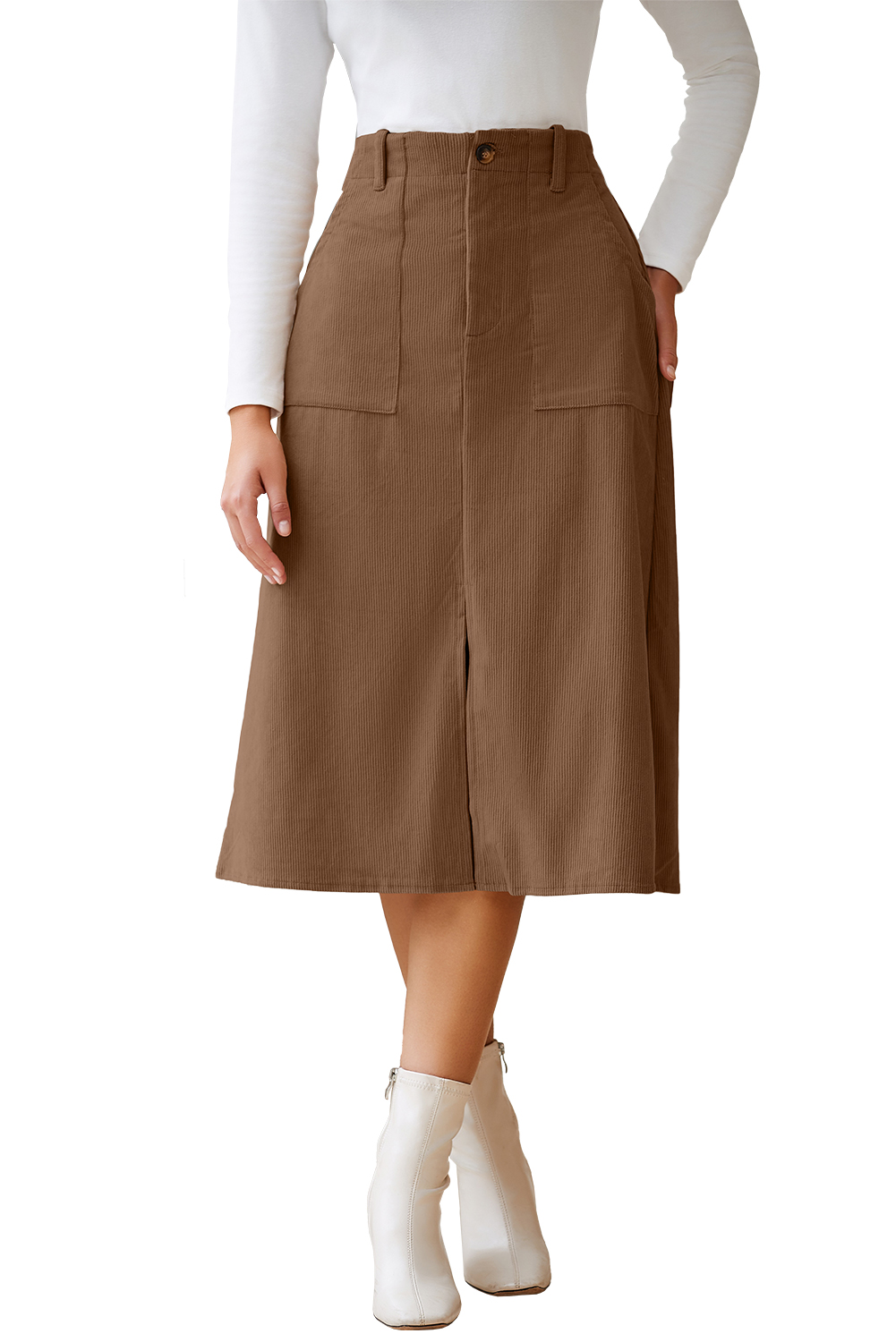 Coffee Front Slit Shift High Waist Midi Skirt - loveforevers