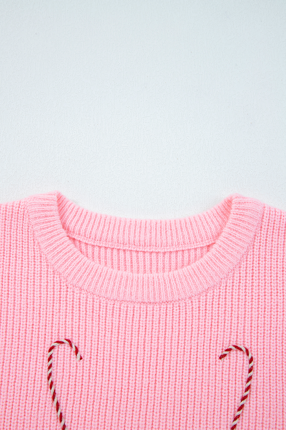 Pink Merry Candy Cane Puffy Knit Crew Neck Sweater - loveforevers