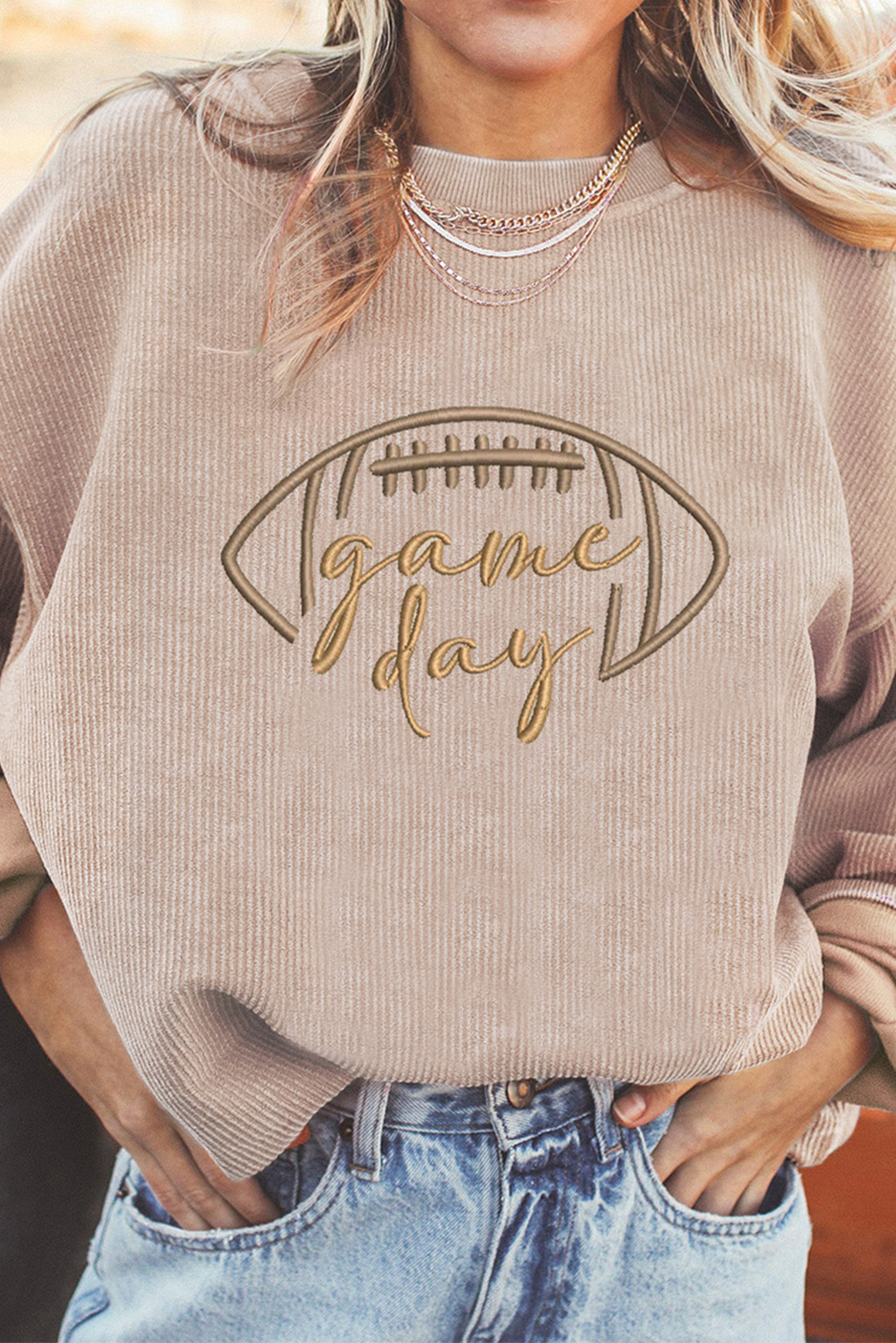 Apricot Rugby Game Day Embroidered Corduroy Sweatshirt - loveforevers