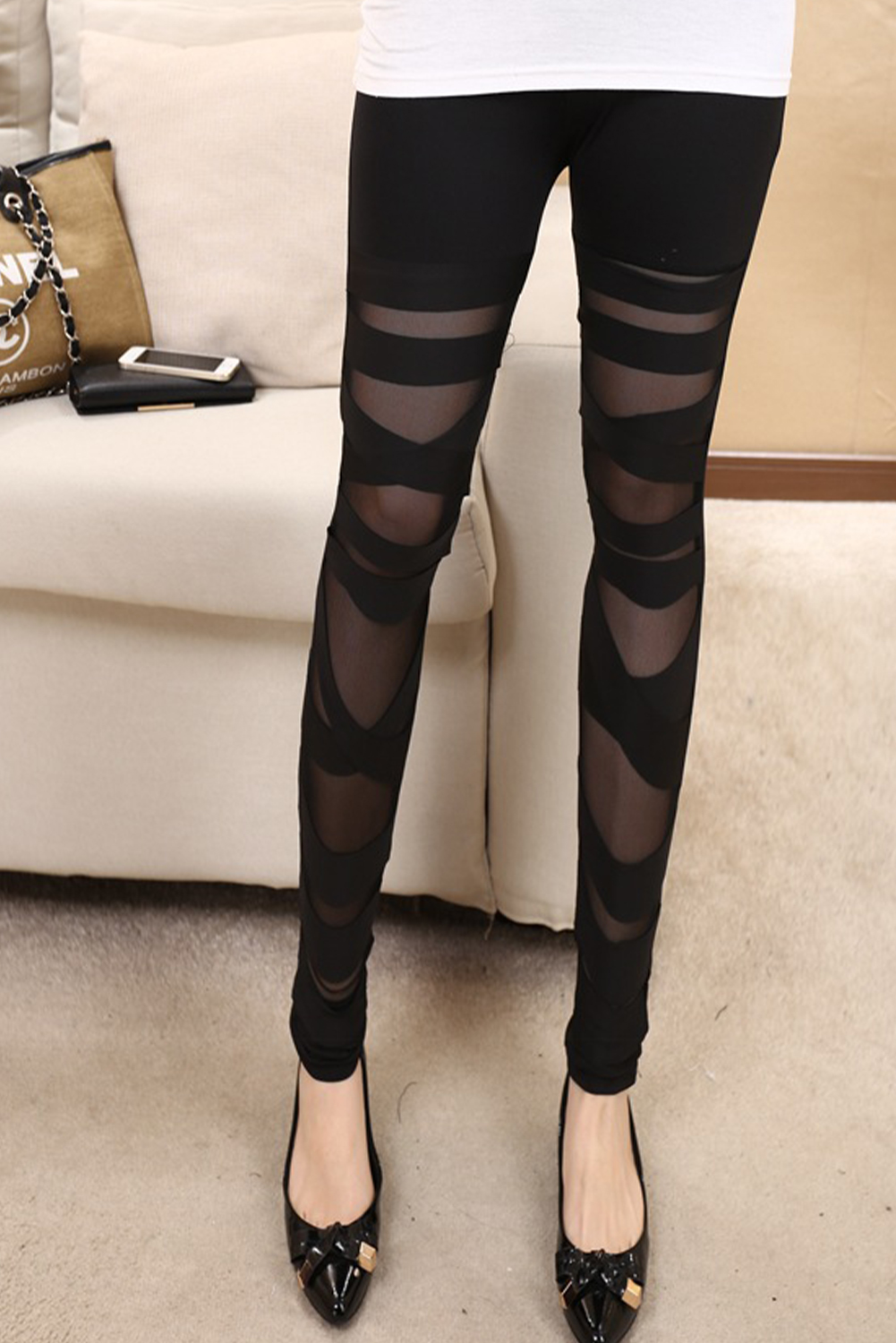 Black Criss Cross Mesh Insert High Waist Skinny Leggings - loveforevers