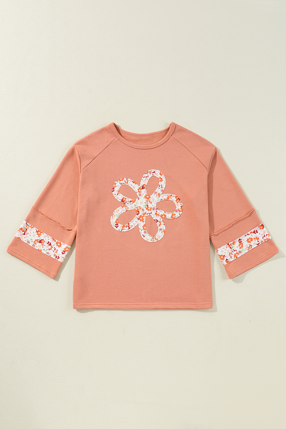 Beige Flower Patch Graphic Exposed Seam Wide Sleeve Top - loveforevers