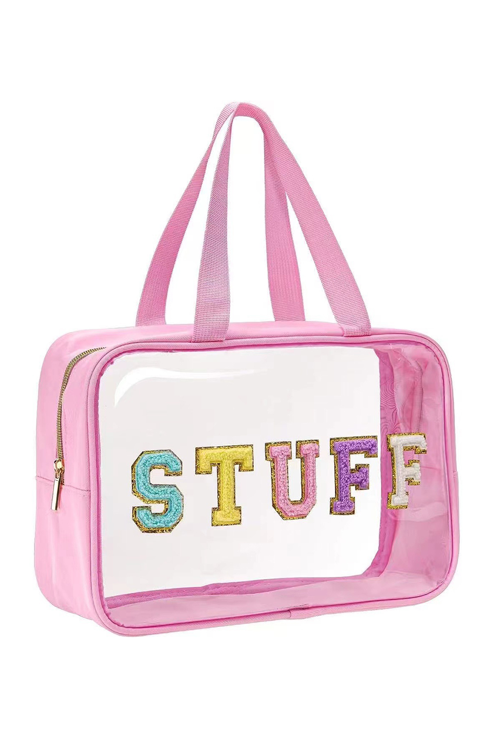 Light Pink TRAVEL Chenille Letter Clear PVC Makeup Bag - loveforevers