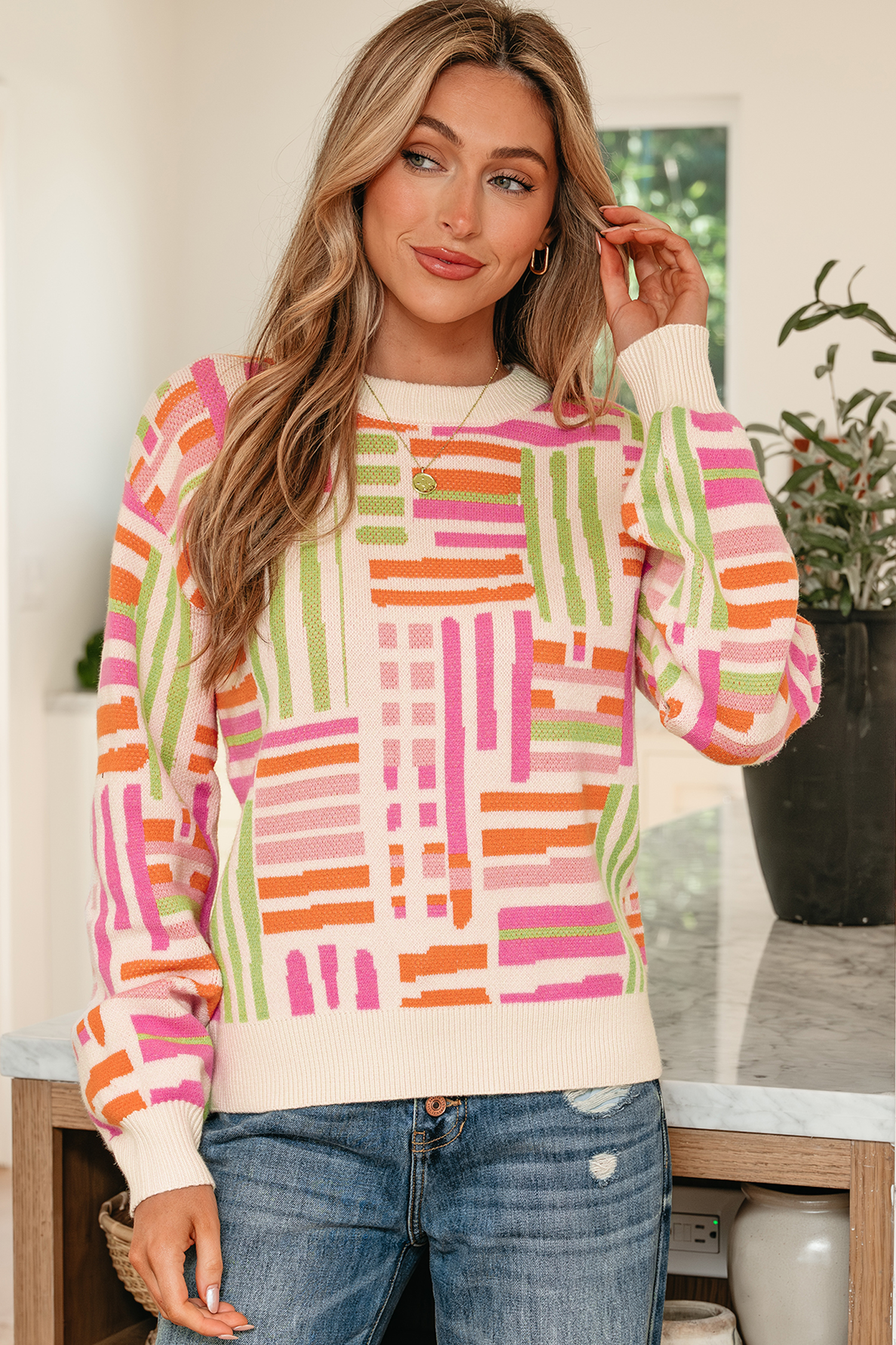 Rose Love Lines Pattern Crew Neck Puff Sleeve Sweater - loveforevers