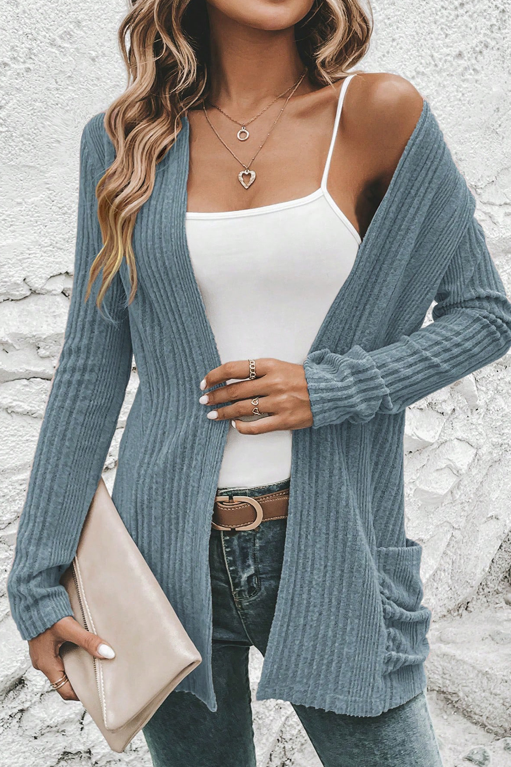 Stone Blue Ribbed Open Front Knitted Top with Pockets - loveforevers