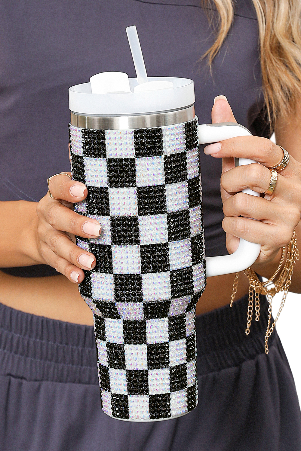 Black Full Rhinestone Checkerboard Handled Tumbler 40oz - loveforevers