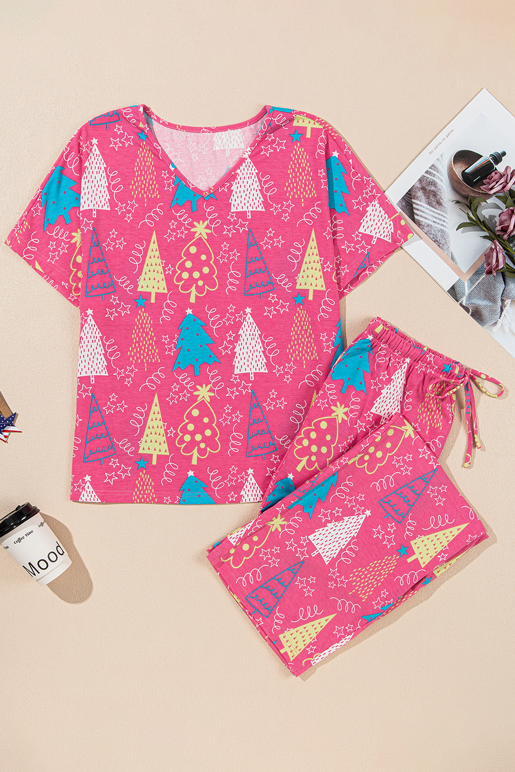 Rose Christmas Tree Print V Neck Tee and Pants Lounge Set - loveforevers