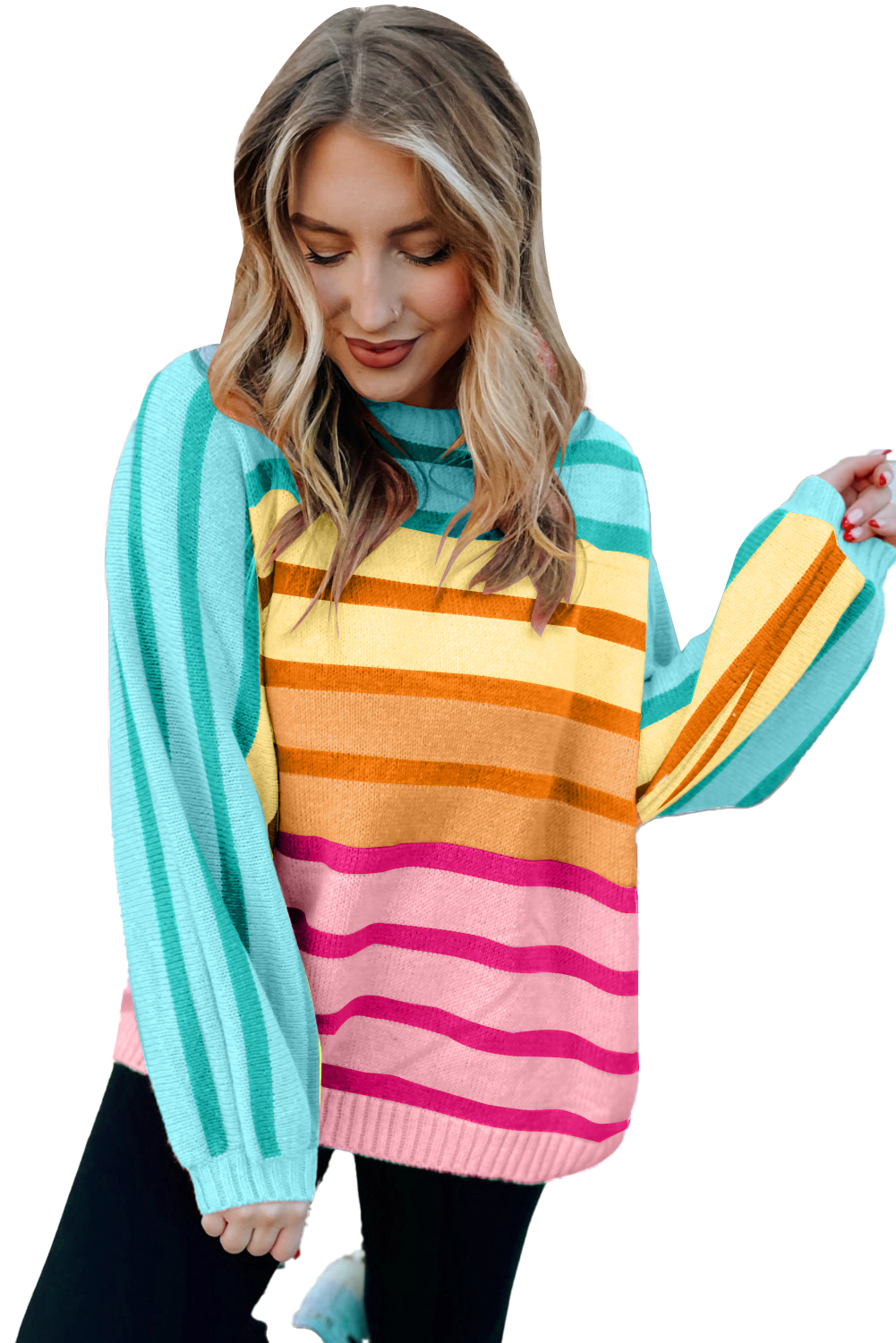 Yellow Stripe Gradient Striped Ribbed Edge Loose Sweater - loveforevers