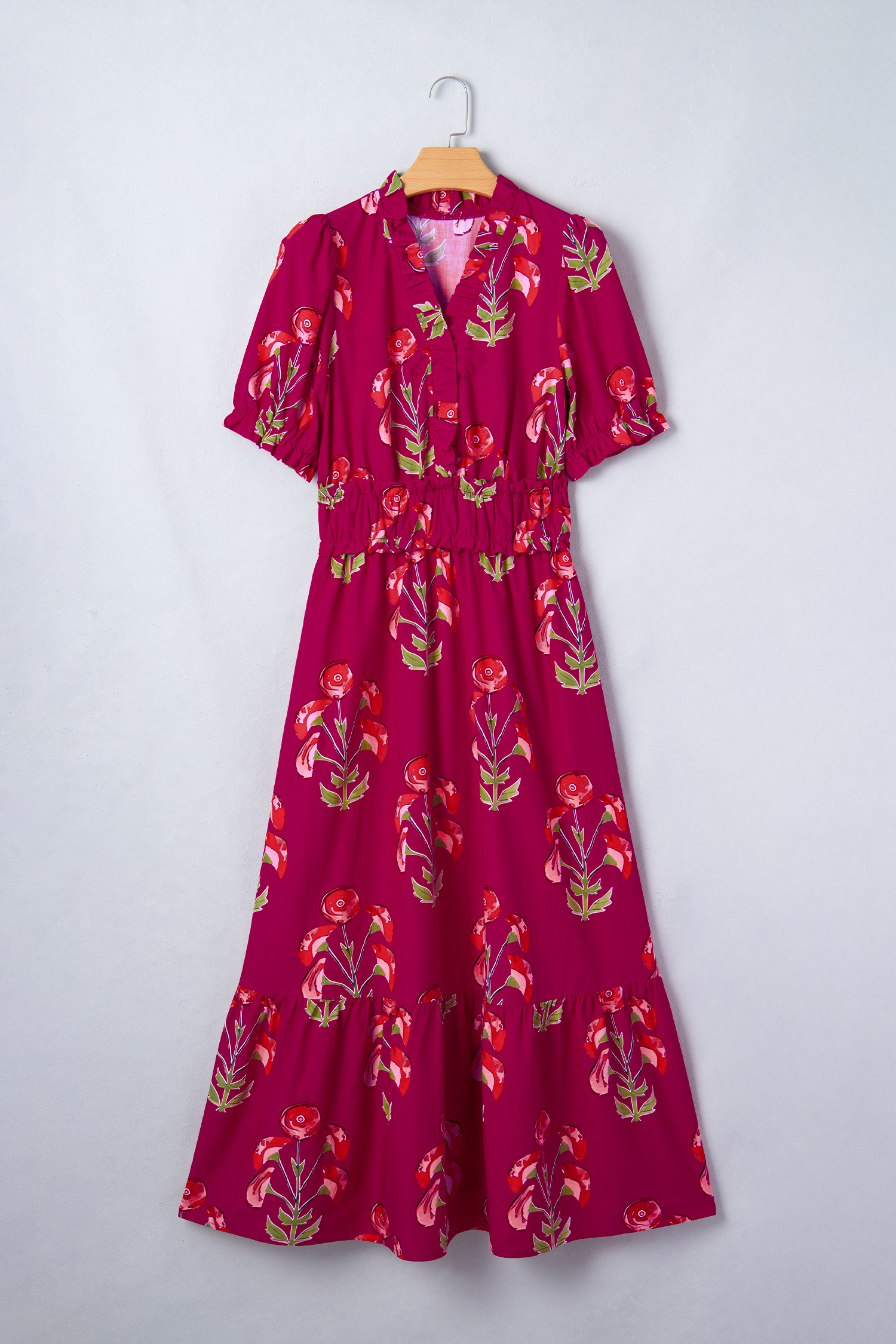 Red Floral Print Frilled V Neck Short Sleeve Ruffle Maxi Dress - loveforevers