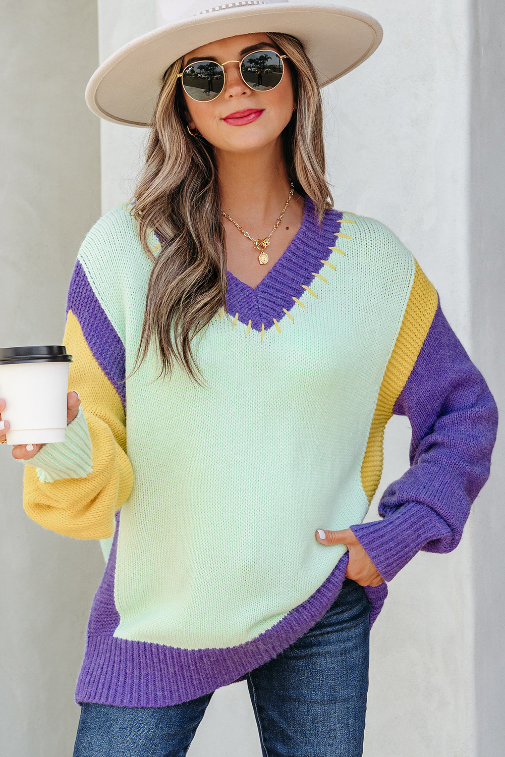Green Stitched V Neck Color Block Knitted Drop Shoulder Sweater - loveforevers