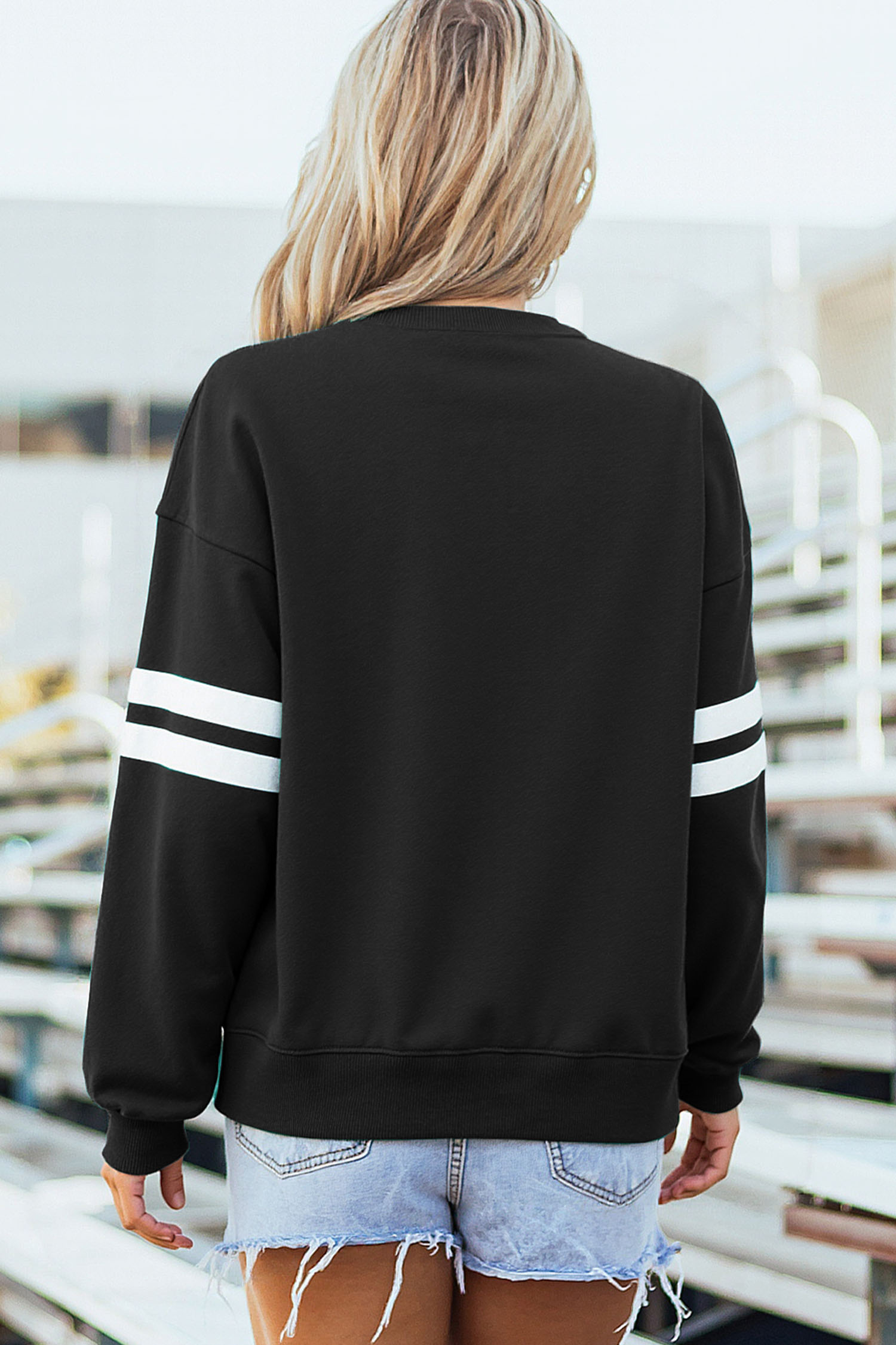 Black Sequin Mardi Crown Dropped Shoulder Varsity Sweatshirt - loveforevers