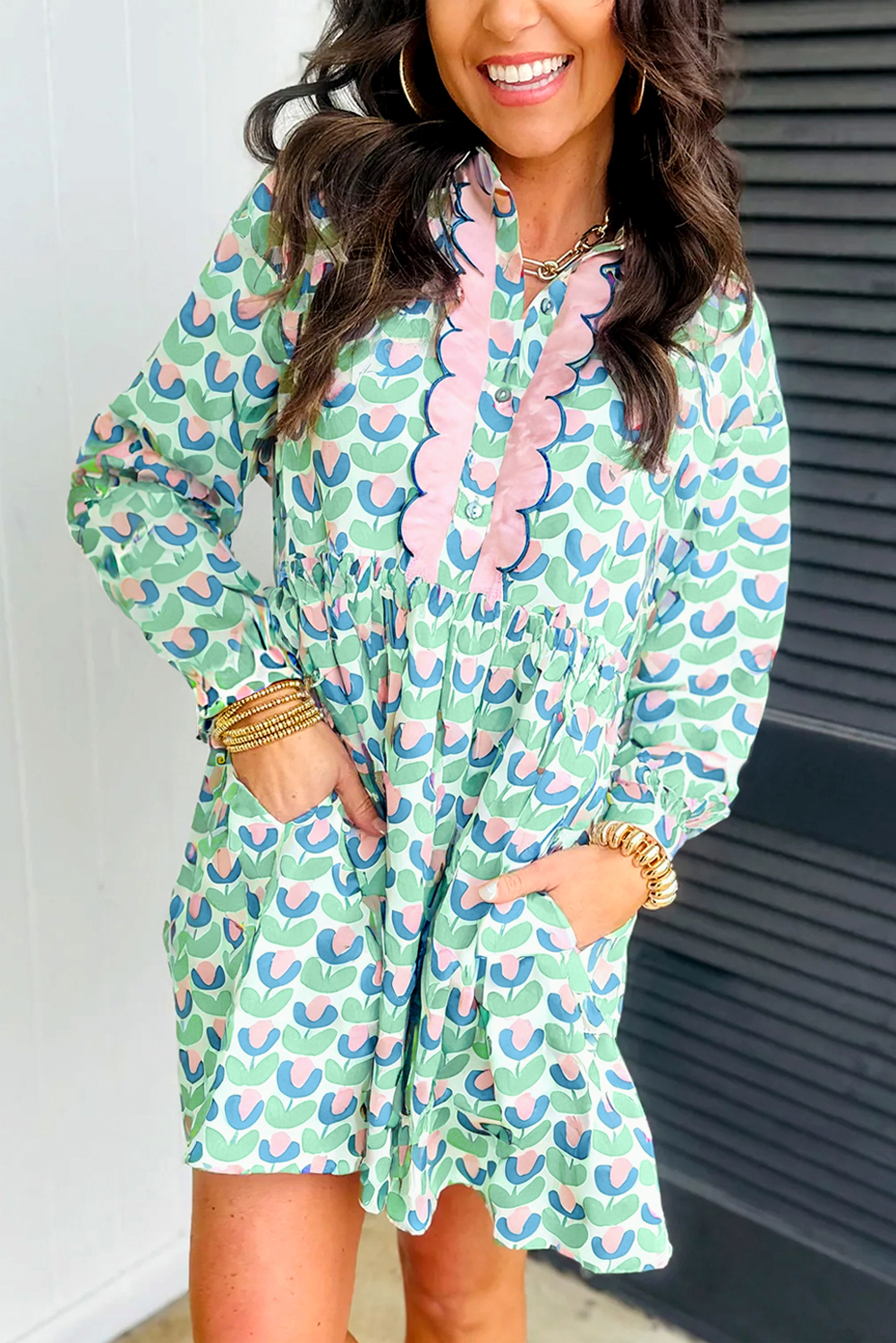 Green Floral Print Notched Neck Scalloped Detail Long Sleeve Mini Dress - loveforevers