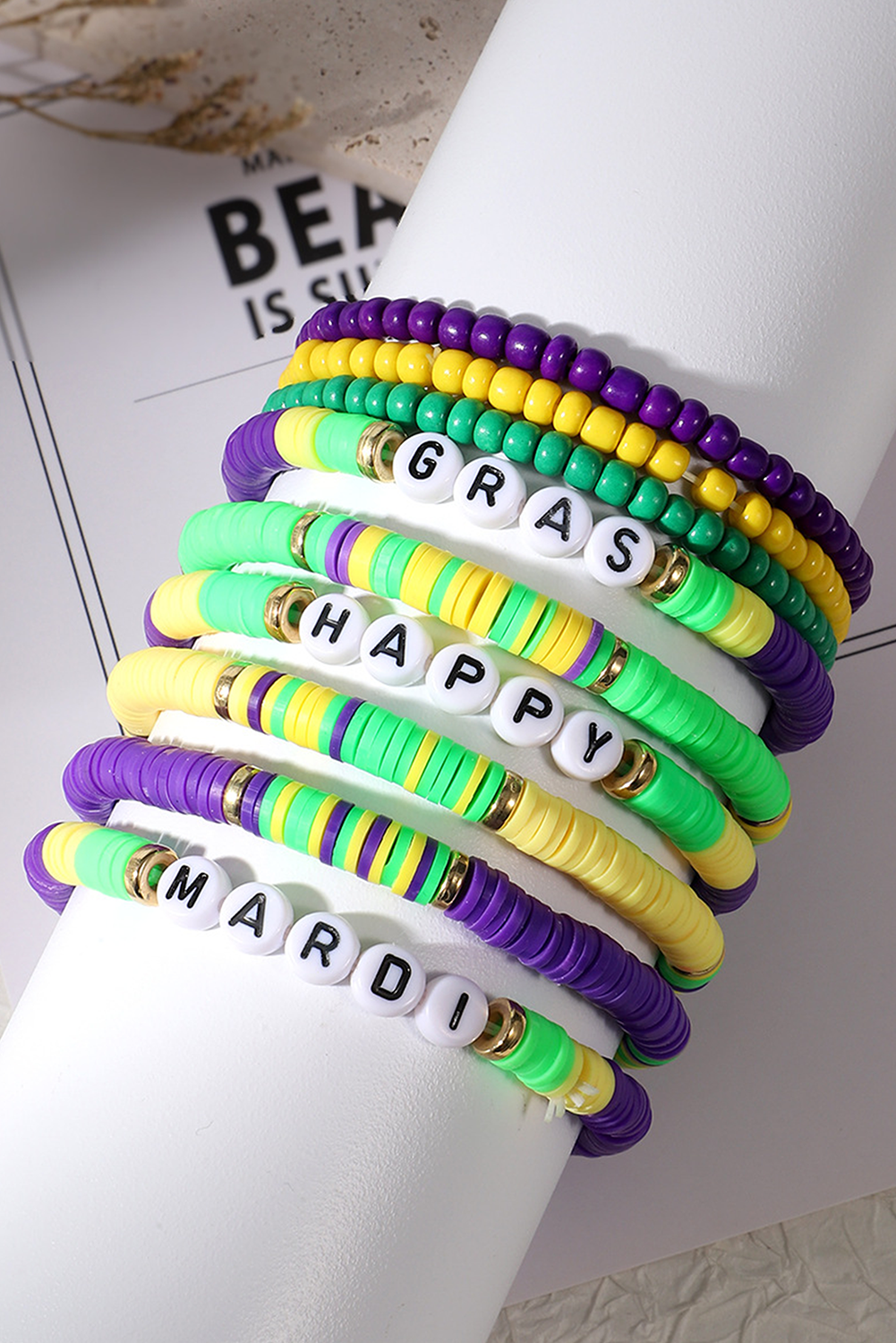 Tillandsia Purple Happy Mardi Gras Beaded Layered Bracelet Set - loveforevers