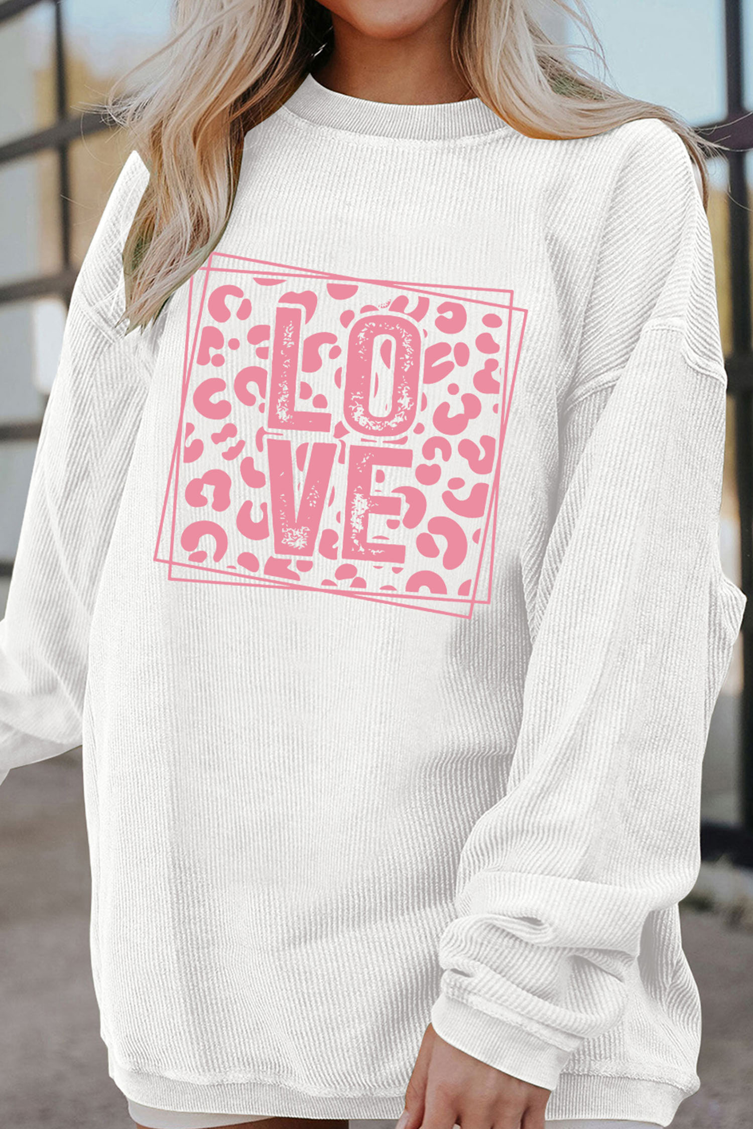 White Corded Ribbed LOVE Leopard Printed Design Drop Shoulder Sweatshirt - loveforevers