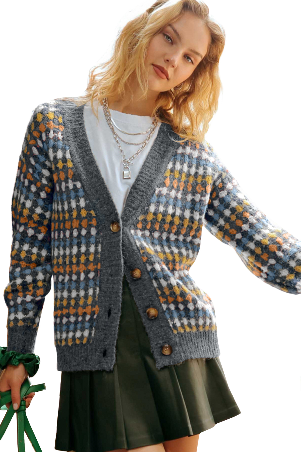 Gray Dotty Pattern Knit Button Front V Neck Sweater Cardigan - loveforevers