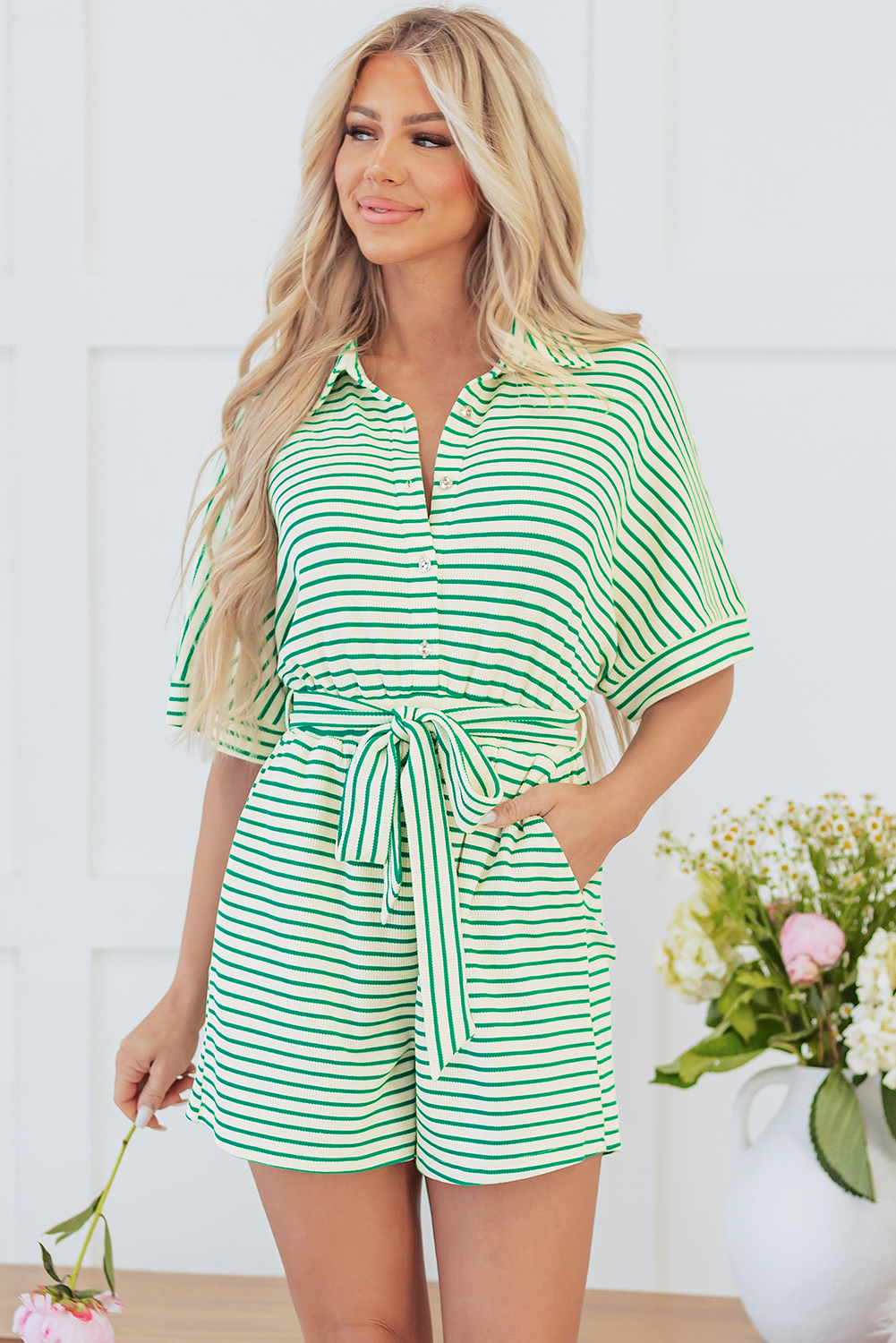 Green Stripe Textured Short Sleeve Collared Buttoned Waist Tie Romper - loveforevers