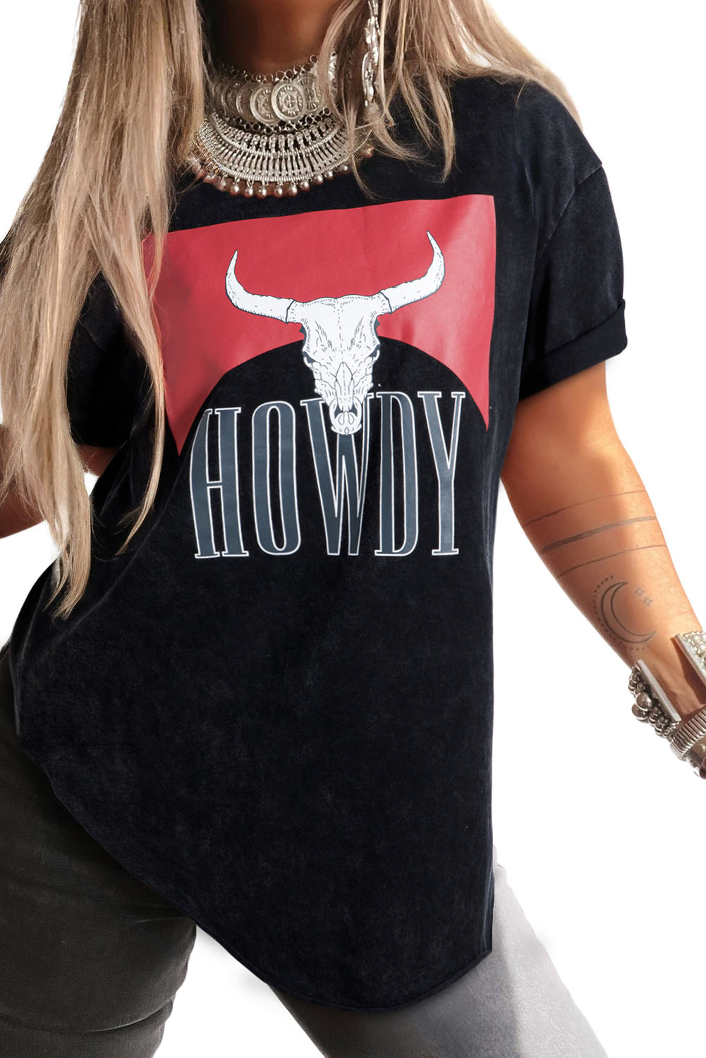 Black Western HOWDY Steer Head Print Side Slits Loose Fit T Shirt - loveforevers