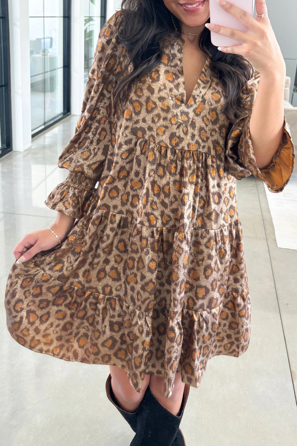 Khaki Leopard Print V Neck Ruffled Sleeve Tiered Loose Mini Dress - loveforevers