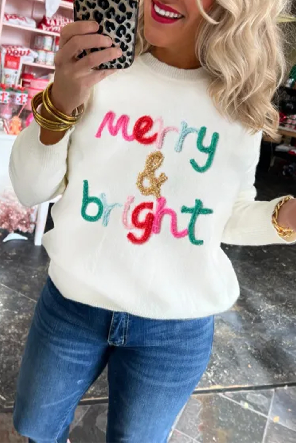 White Merry & Bright Round Neck Casual Sweater - loveforevers