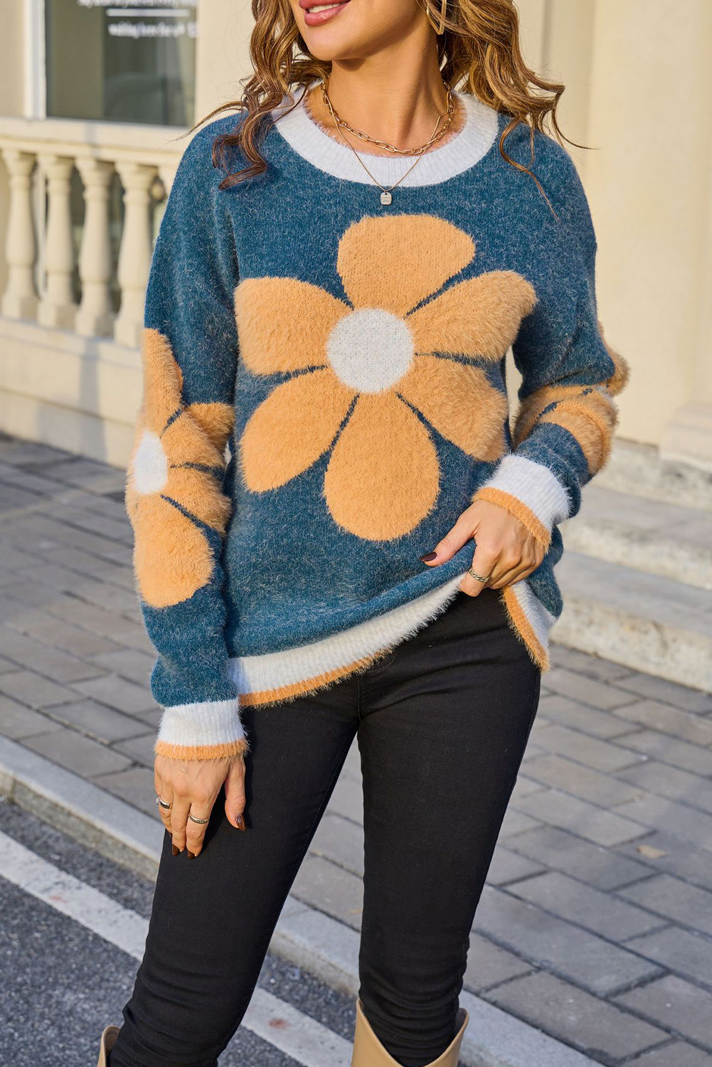 Sail Blue Plush Flower Pattern Ribbed Detail Cozy Sweater - loveforevers