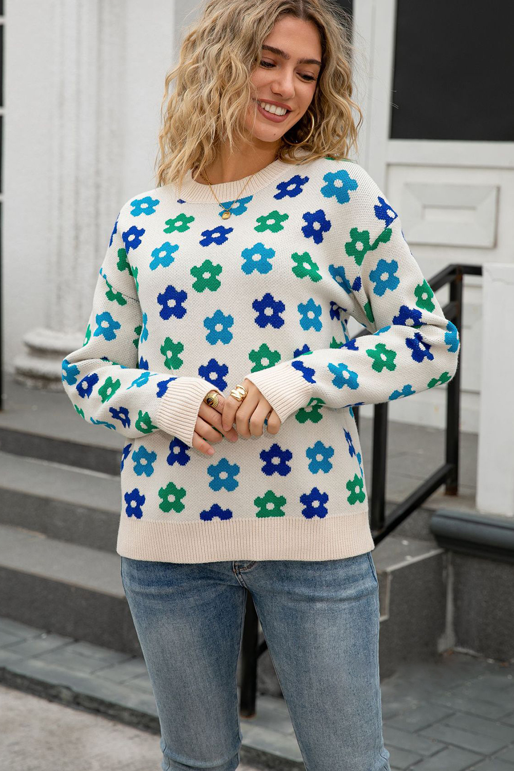 Apricot Cute Flower Allover Ribbed Trimmed Drop Shoulder Pullover Sweater - loveforevers