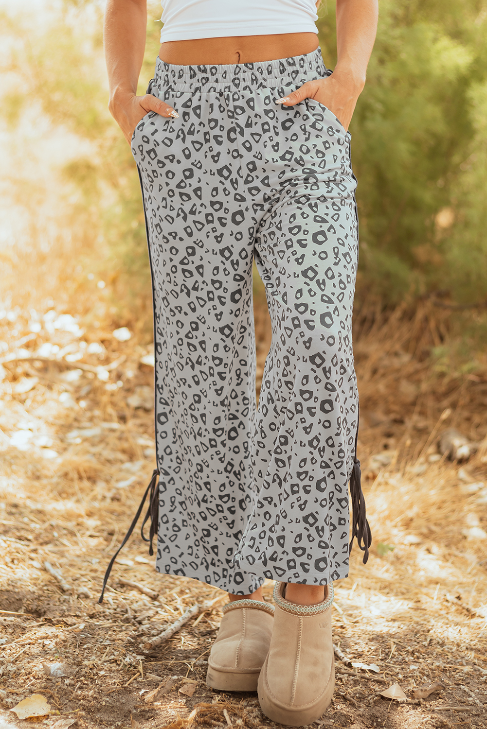 Gray Leopard High Waist Side Bow Straight Leg - loveforevers