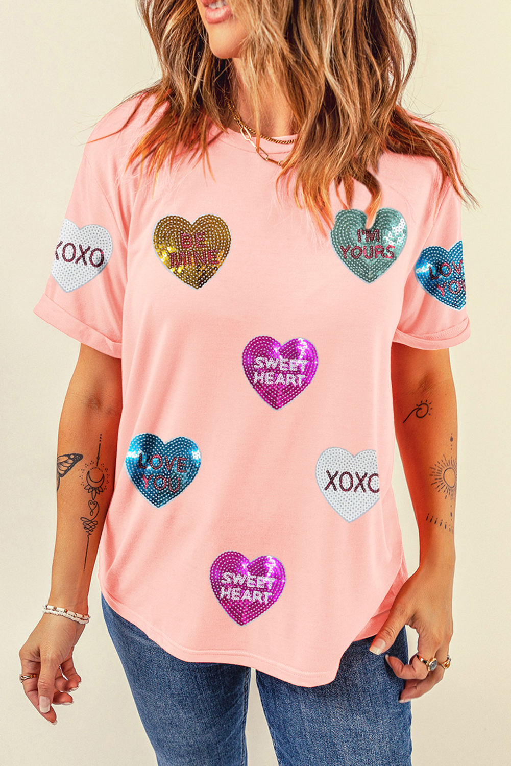Pink Sequin Valentines Lettering Heart Patched Crewneck T Shirt - loveforevers