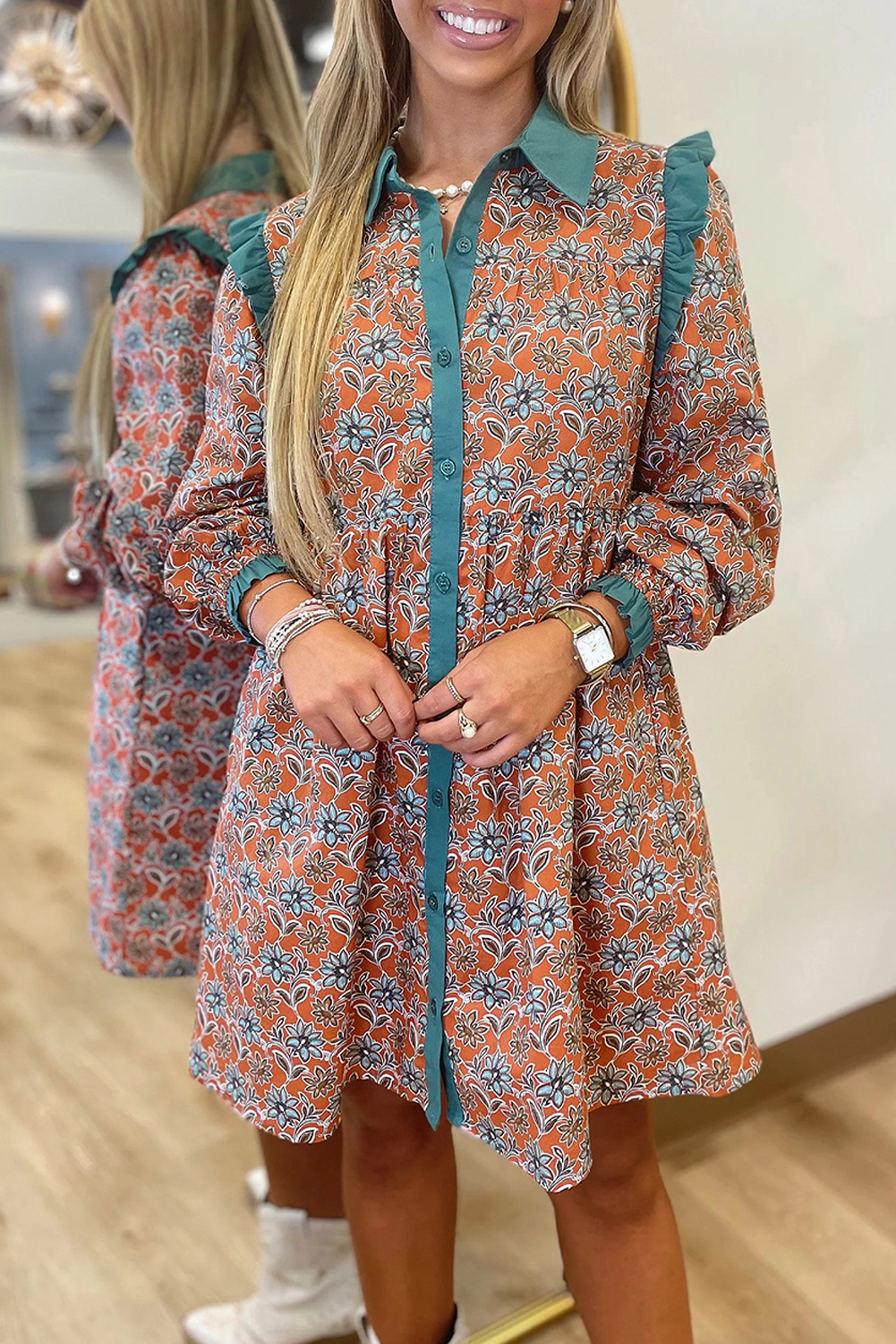 Orange Boho Floral Contrast Collared Shirt Mini Dress - loveforevers
