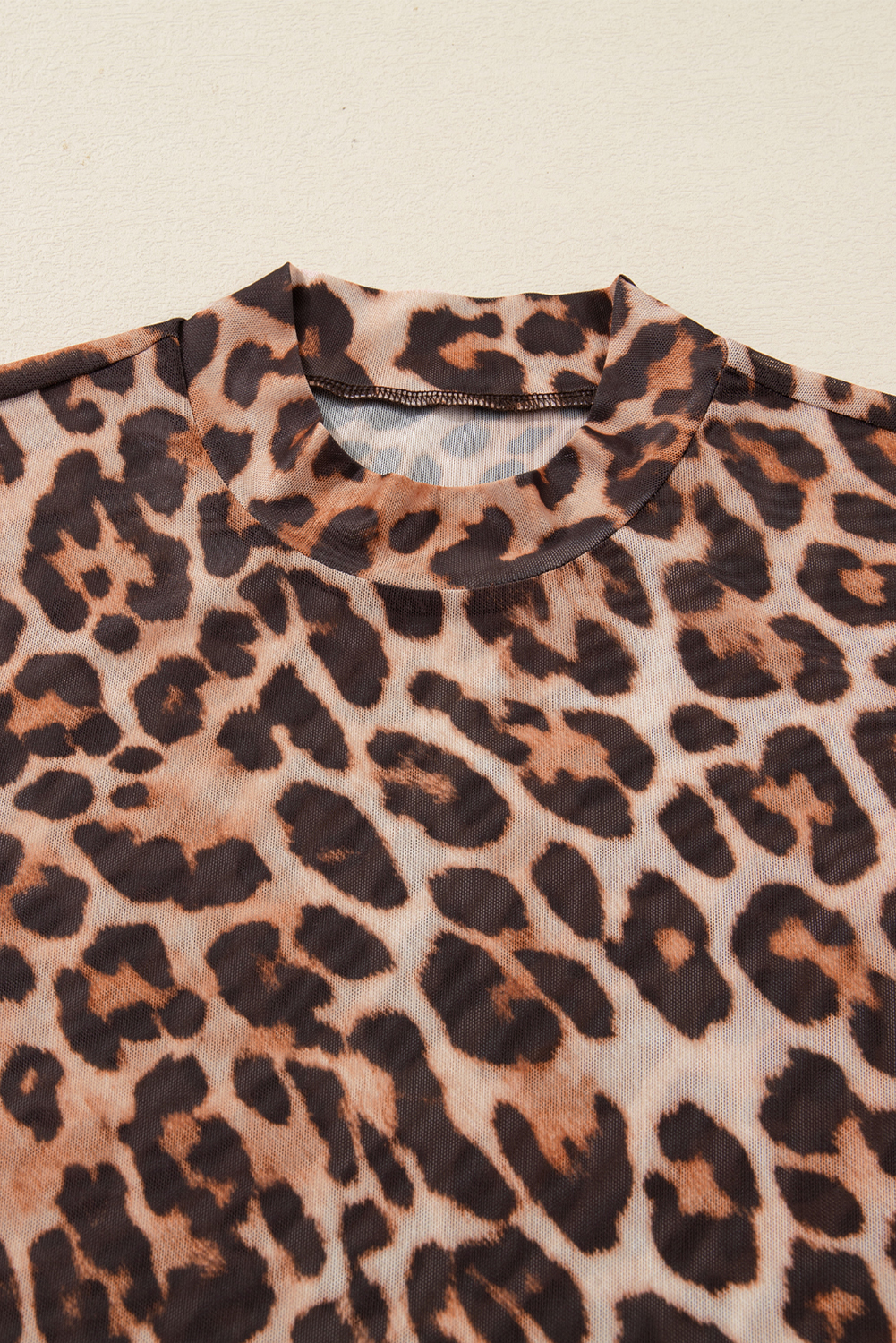 Brown Leopard Mock Neck Long Sleeve Mesh Top - loveforevers