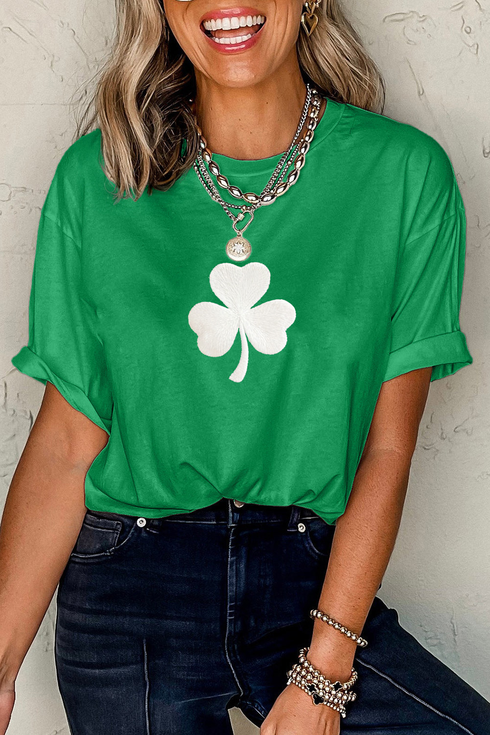 Bright Green Embroidered Clover Pattern St Patrick Tee - loveforevers