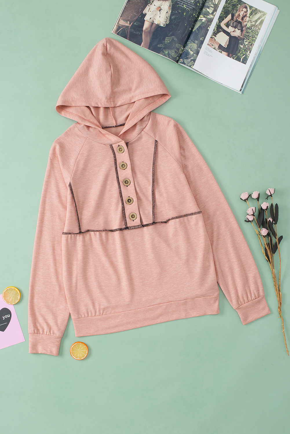 Pink Buttons Front Princess Line Out Seam Hoodie - loveforevers