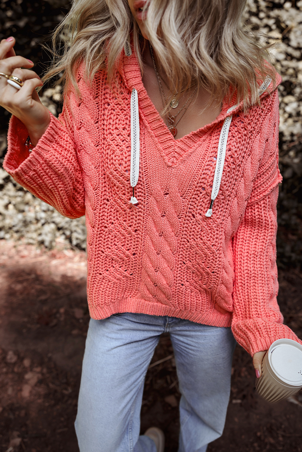 Gold Flame Cable Knit V Neck Contrast Drawstring Hooded Sweater - loveforevers