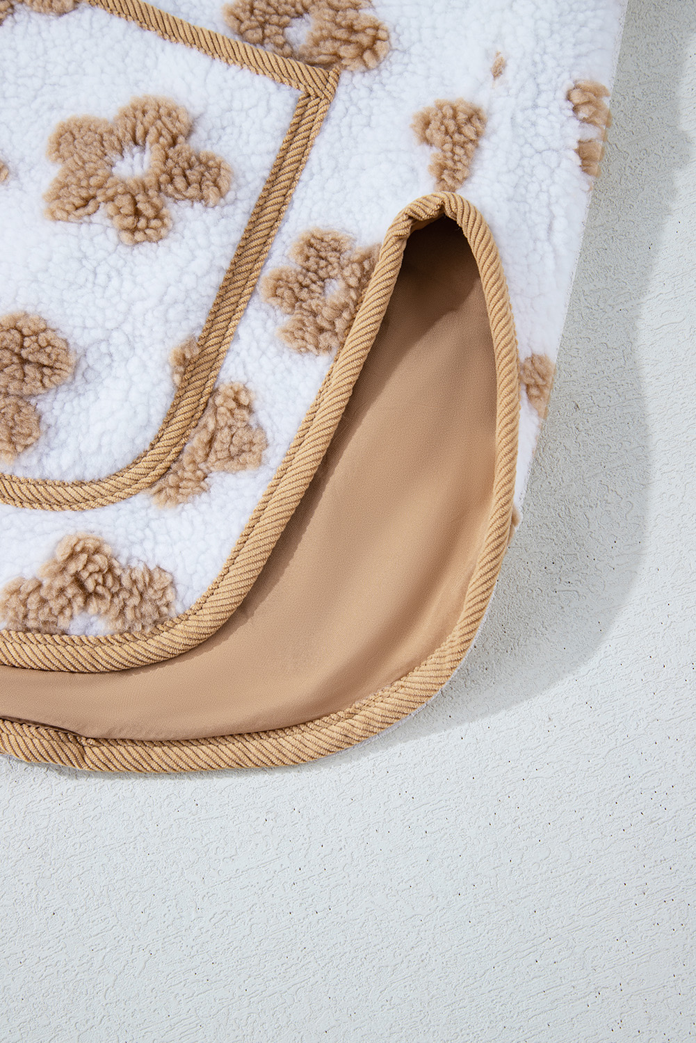 Light French Beige Cute Flower Pattern Button Up Fleece Jacket - loveforevers
