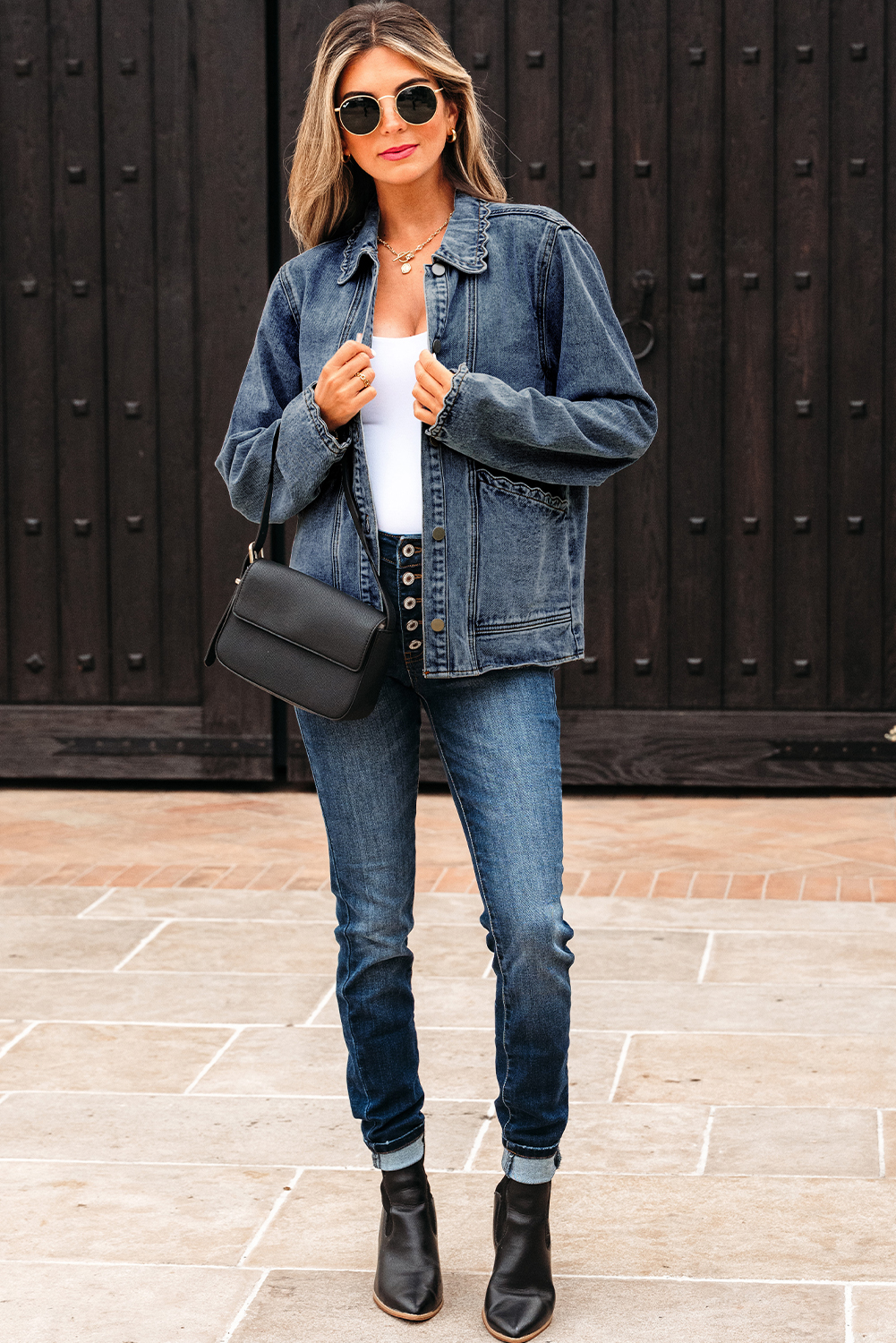 Myosotis Scallop Trim Collar Patched Pocket Button Up Mineral Washed Denim Jacket - loveforevers