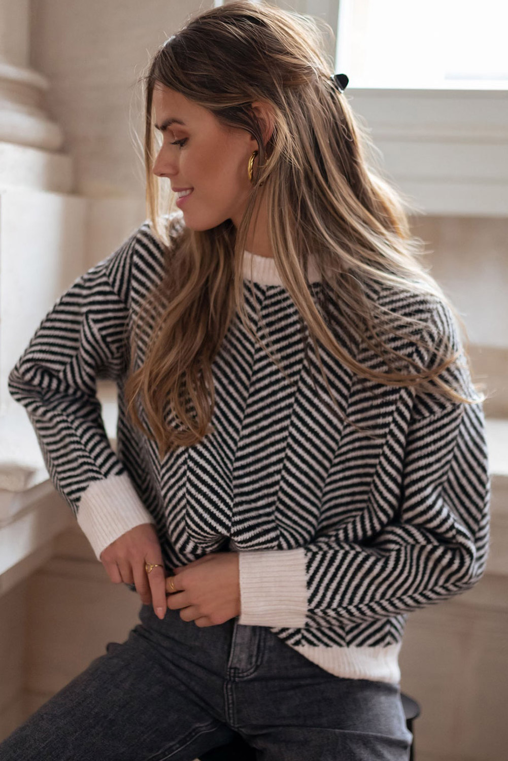 Coffee Contrast Edge Crew Neck Drop Shoulder Sweater - loveforevers