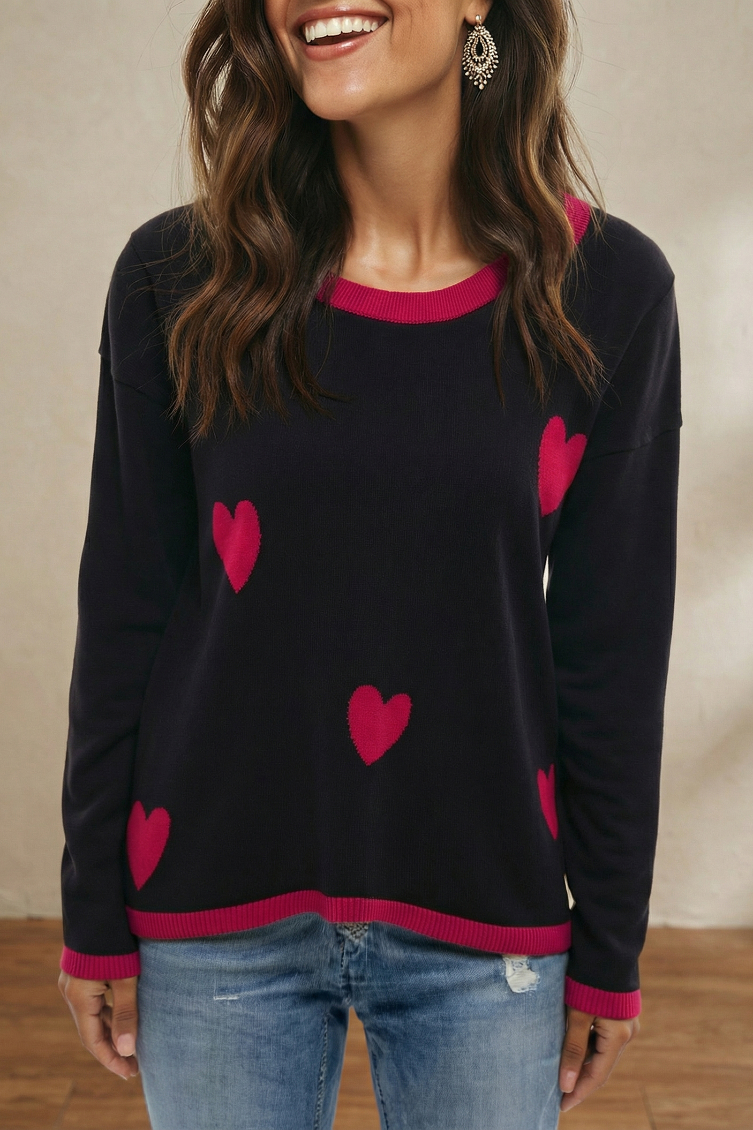 Black white Heart Print Contrast Trim Drop Shoulder Sweater - loveforevers