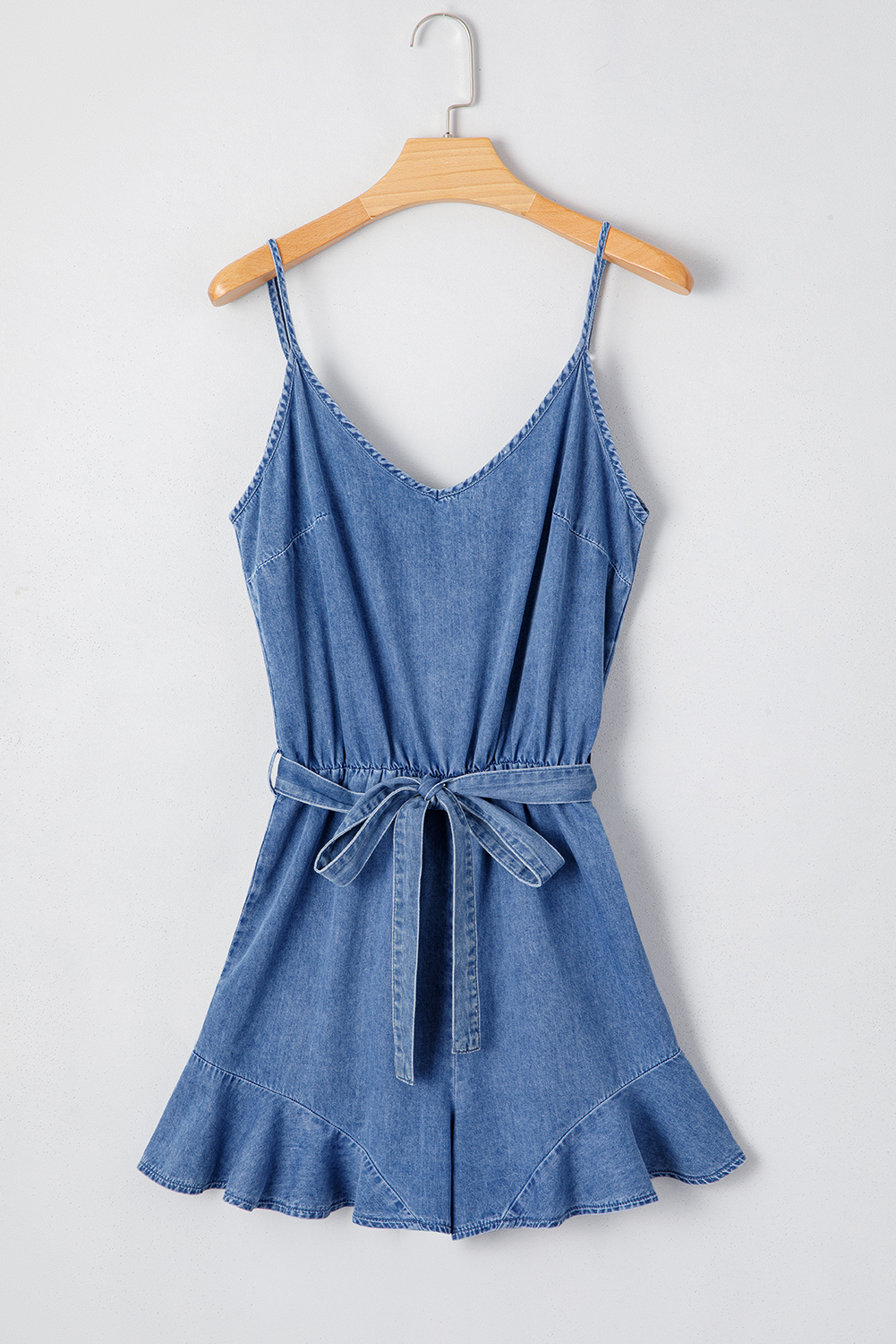 Ashleigh Blue Spaghetti Straps V Neck Belted Ruffled Leg Chambray Romper - loveforevers