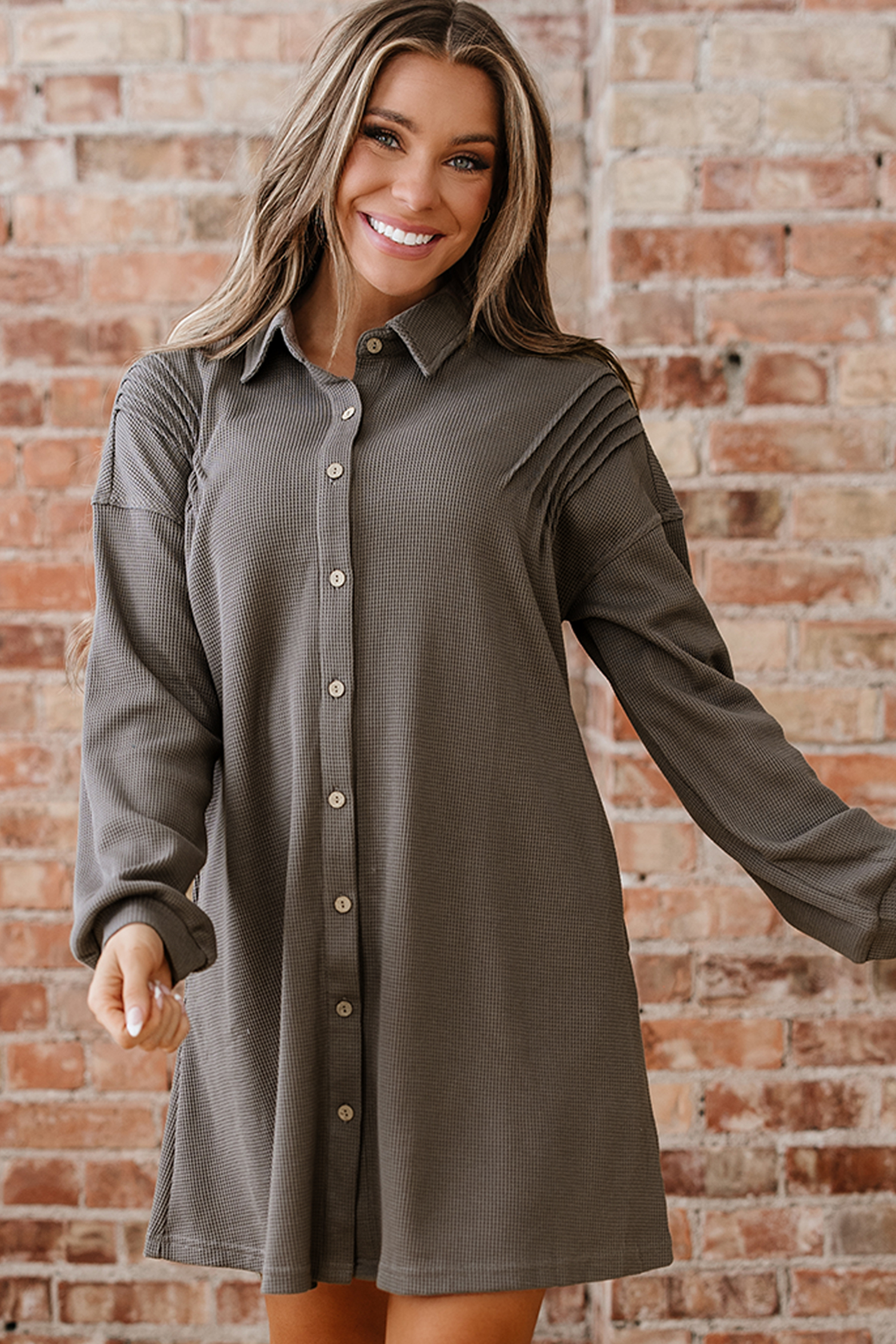 Simply Taupe Waffle Knit Shirt Tunic Dress - loveforevers