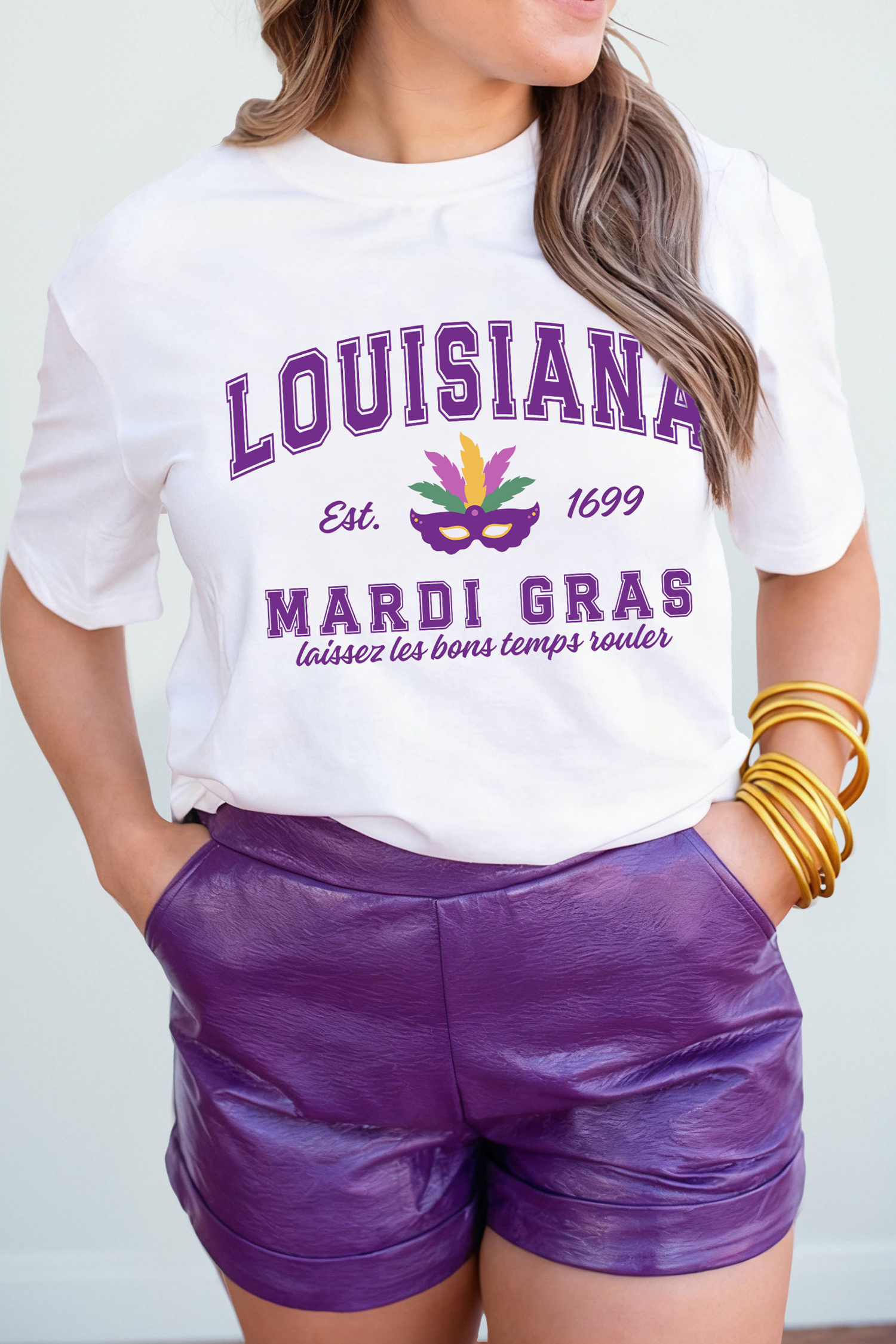 White LOUISIANA MARDI GRAS Retro Print T Shirt - loveforevers