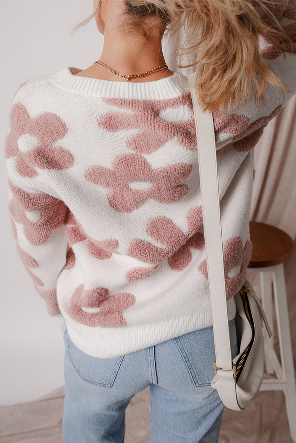White Textured Flower Drop Shoulder Loose Sweater - loveforevers