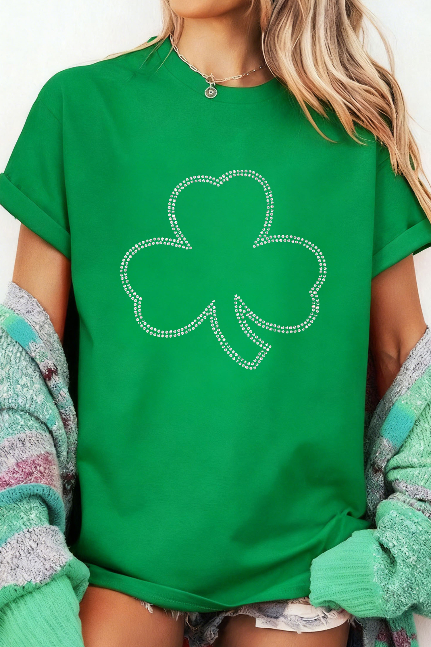 Bright Green Rhinestone Clover St Patricks Day T Shirt - loveforevers