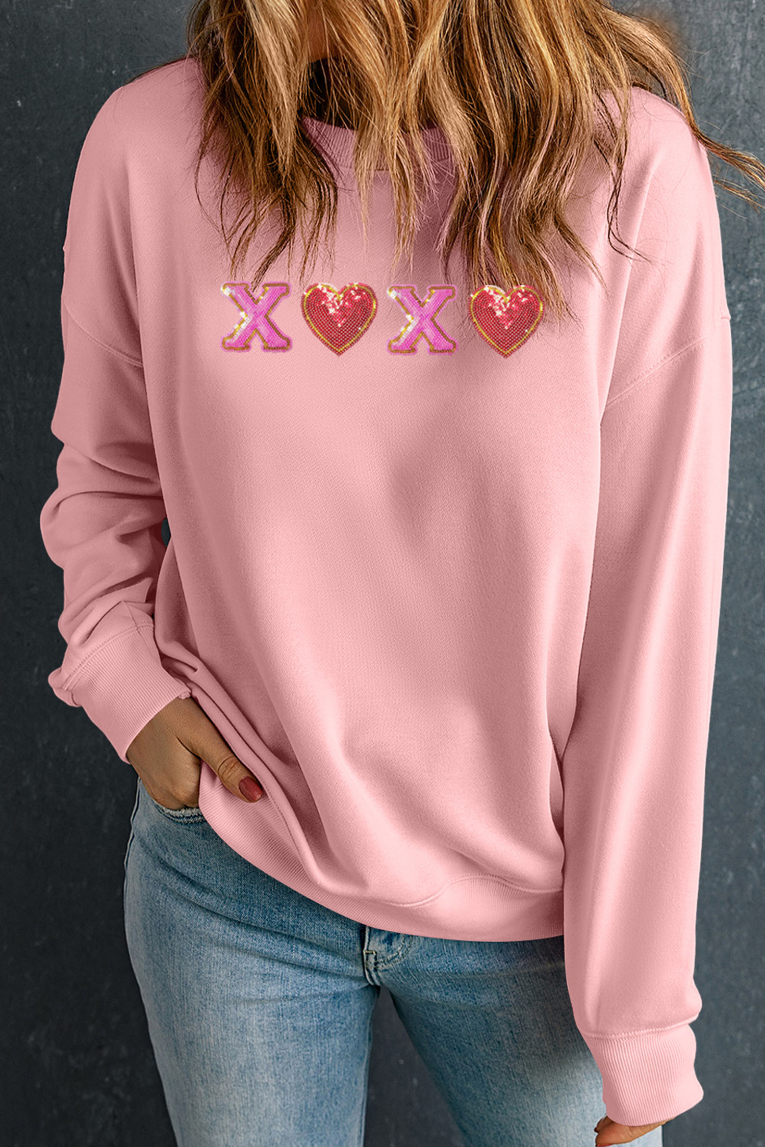 Pink XOXO Sequin Heart Patched Valentines Day Drop Shoulder Sweatshirt - loveforevers