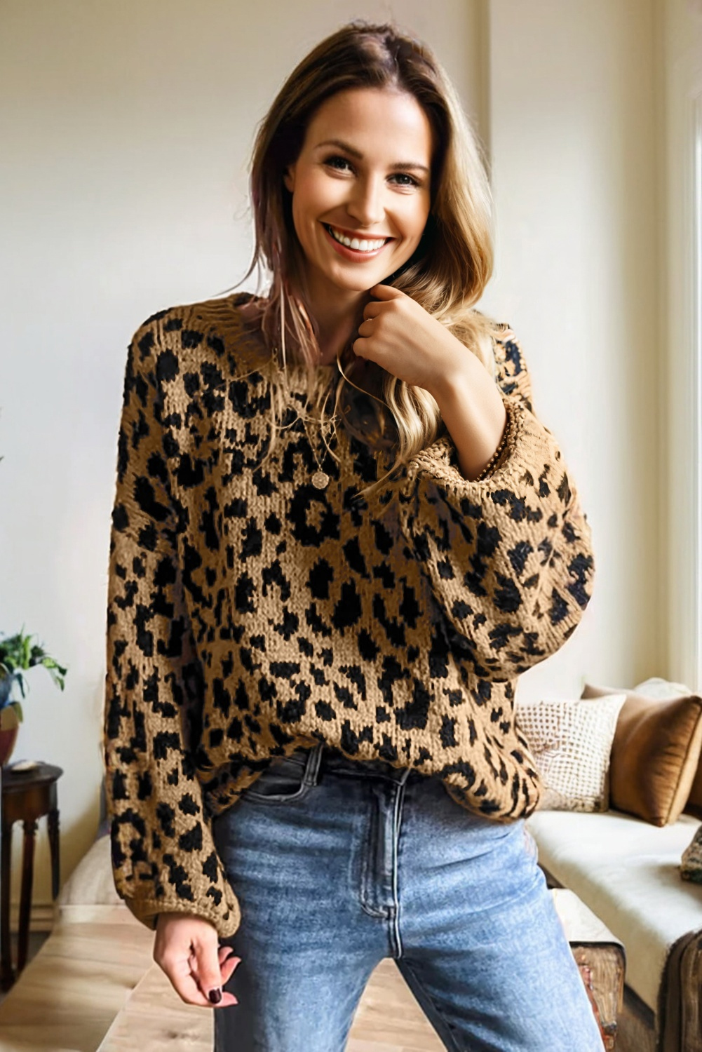 Light French Beige Ribbed Trim Round Neck Leopard Drop Shoulder Sweater - loveforevers