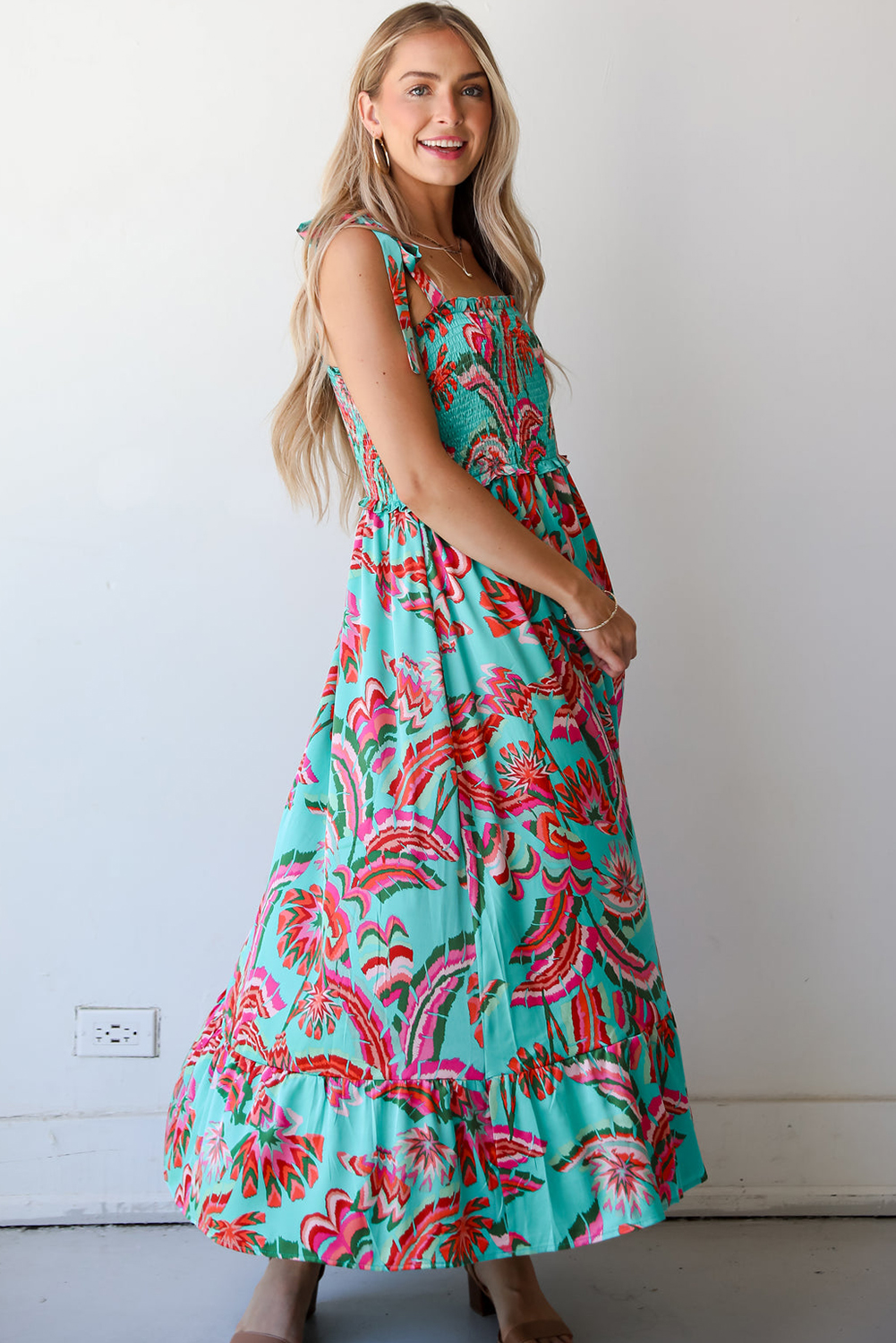 Green Abstract Print Smocked Bodice Knotted Straps Ruffled Maxi Dress - loveforevers