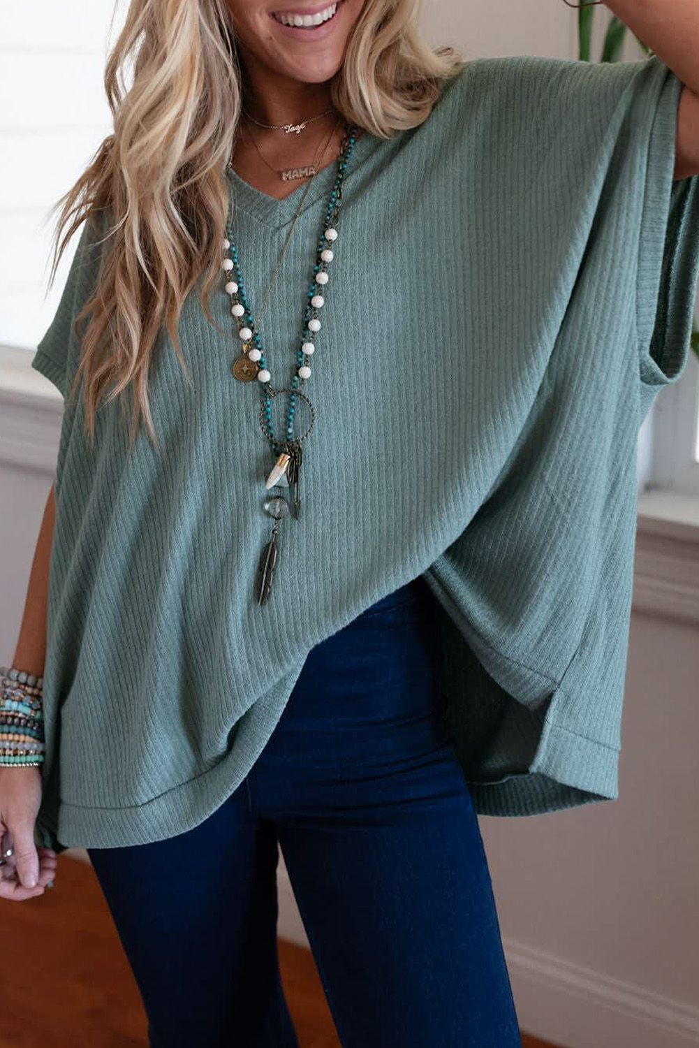 Moonlight Jade Oversized Ribbed Knit V Neck Dolman Short Sleeve Top - loveforevers