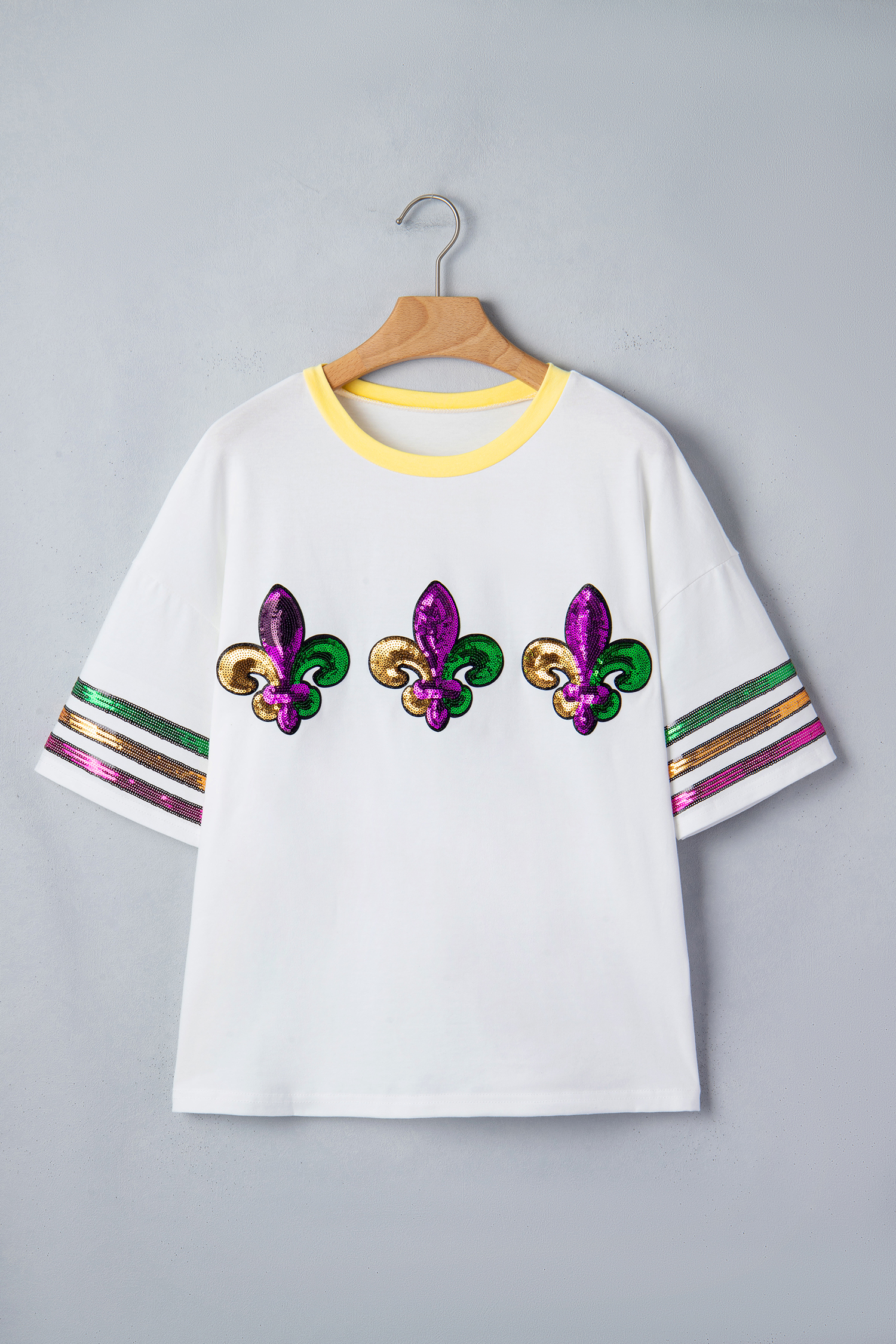 White Sequin Fleur de Lis Mardi Gras Varsity T Shirt - loveforevers